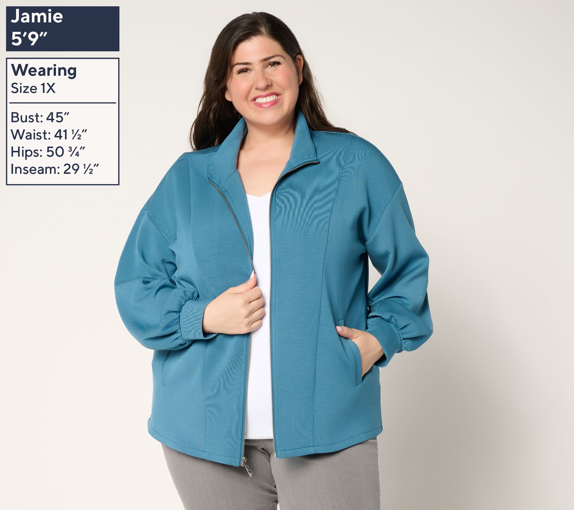 Belle by Kim Gravel ScubaLuxe Blouson Sleeve Zip-Up Jacket