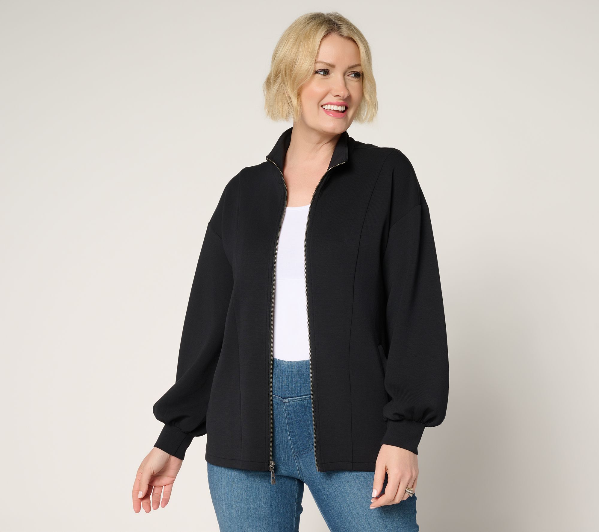 Belle by Kim Gravel ScubaLuxe Blouson Sleeve Zip-Up Jacket
