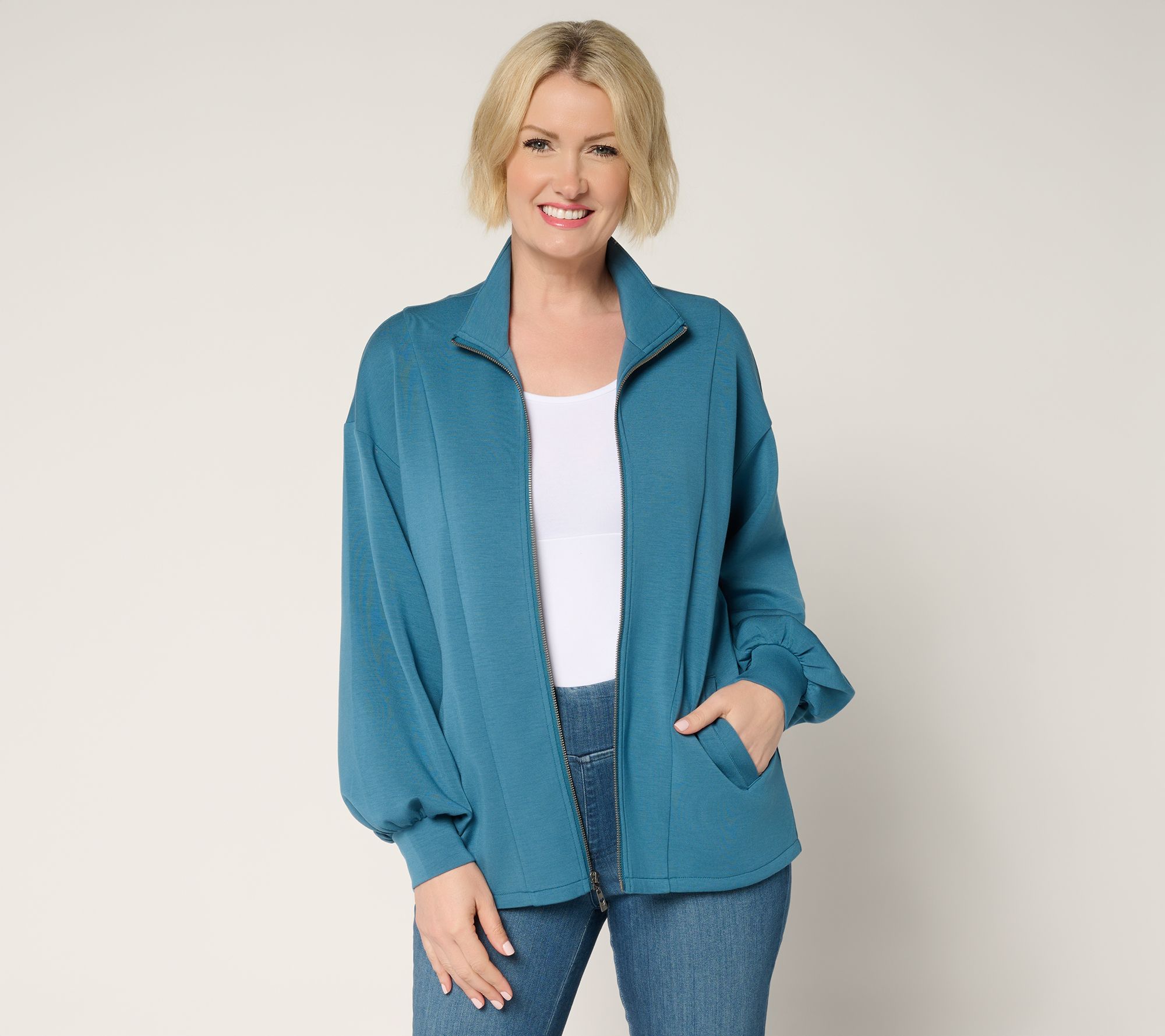 Belle by Kim Gravel ScubaLuxe Blouson Sleeve Zip-Up Jacket