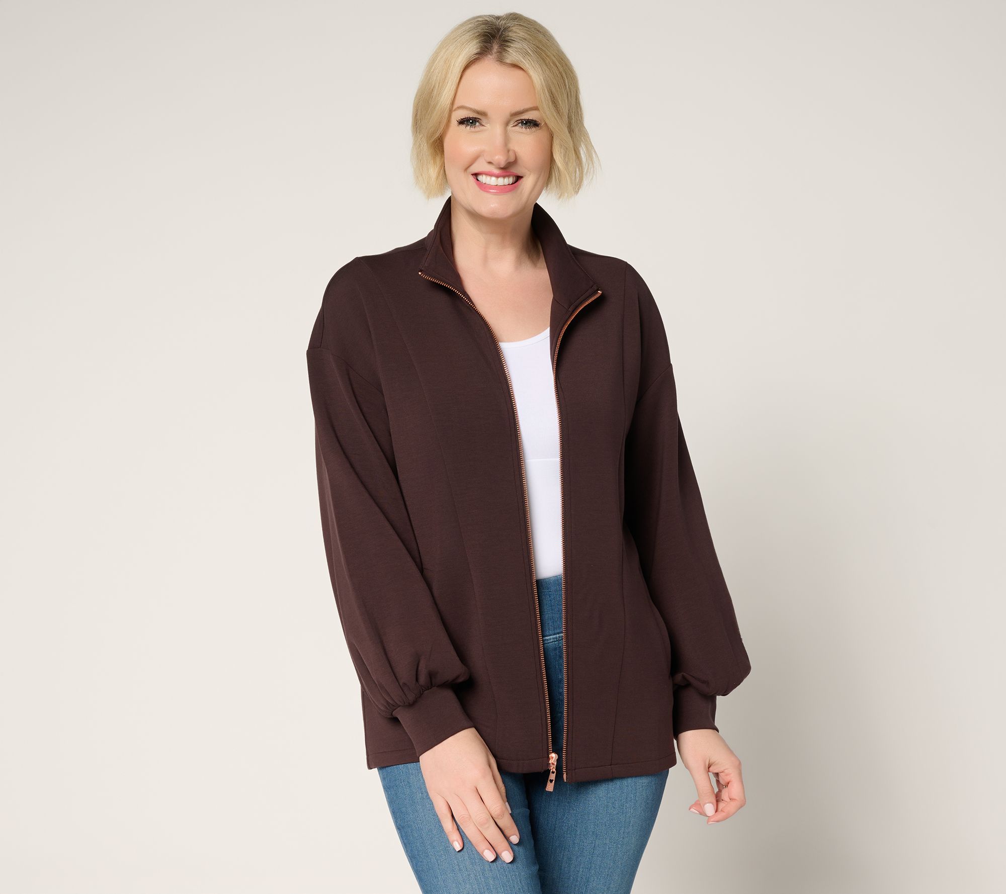 Belle by Kim Gravel ScubaLuxe Blouson Sleeve Zip-Up Jacket
