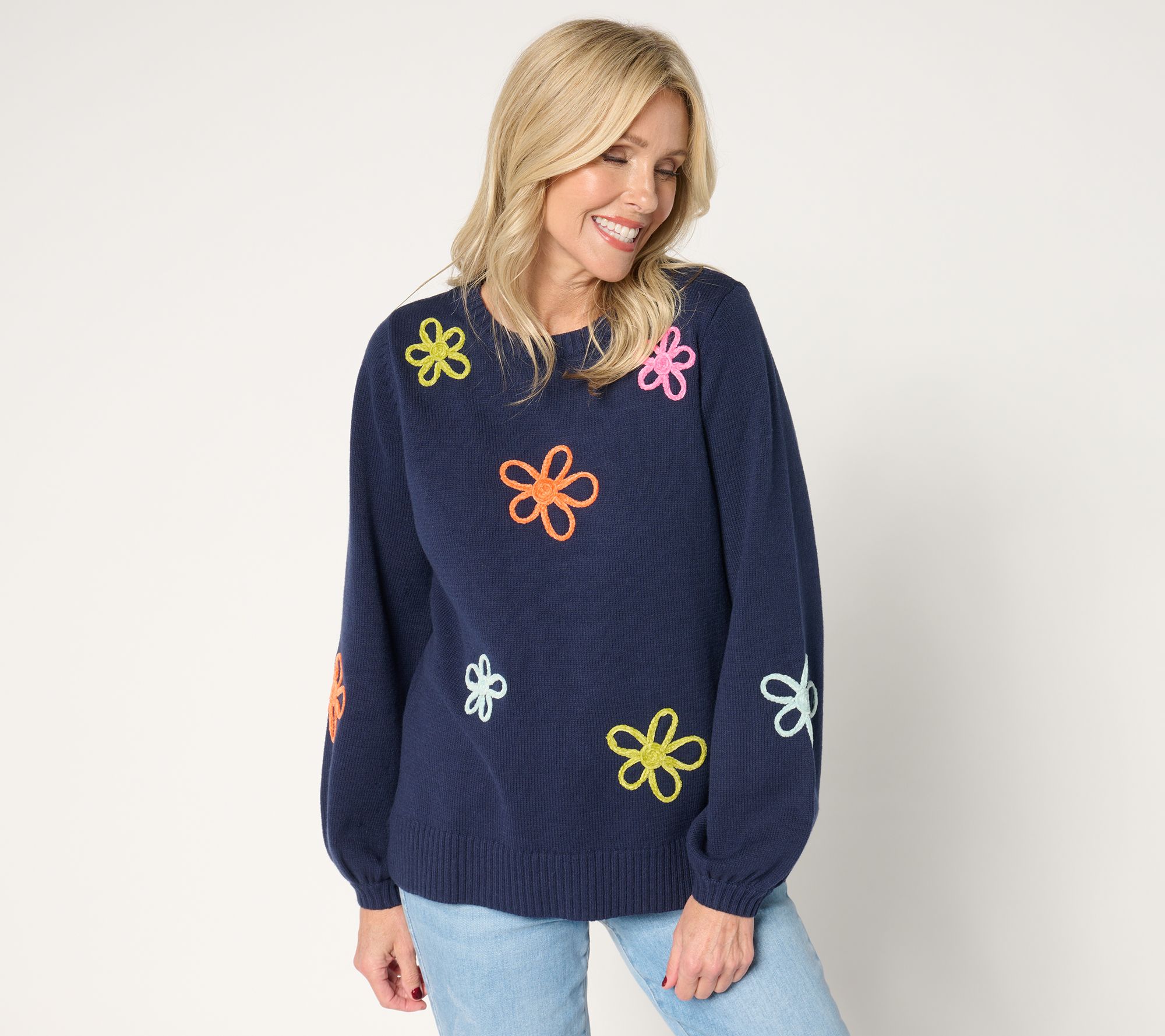 "As Is" Belle by Kim Gravel Femme Flowers Chenille Daisy Sweater