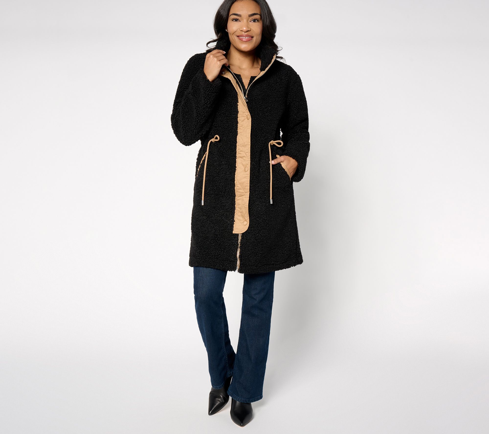 "As Is" Dennis Basso Regular Sherpa & Sueded Jacket with Drawstring