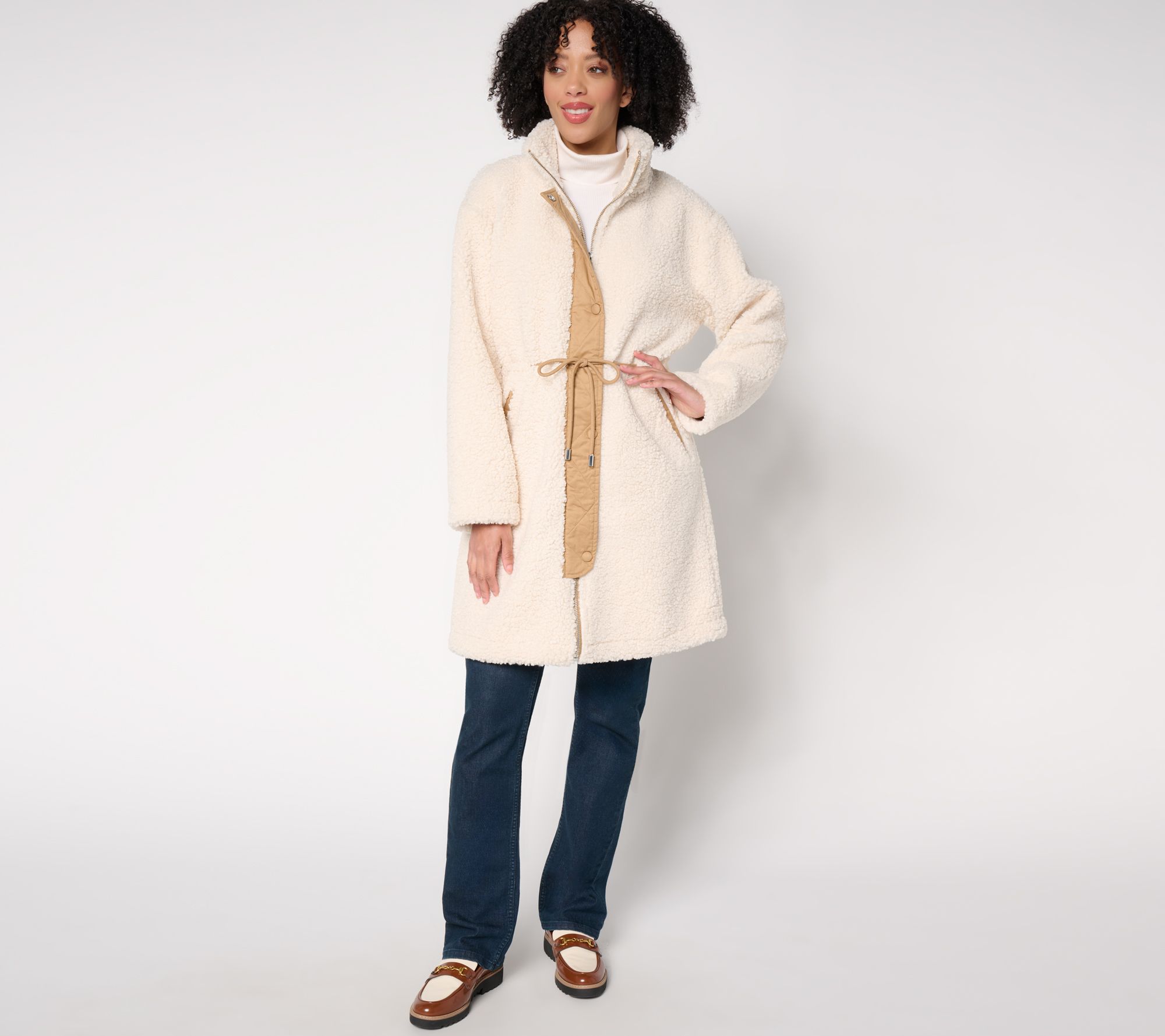 "As Is" Dennis Basso Regular Sherpa & Sueded Jacket with Drawstring