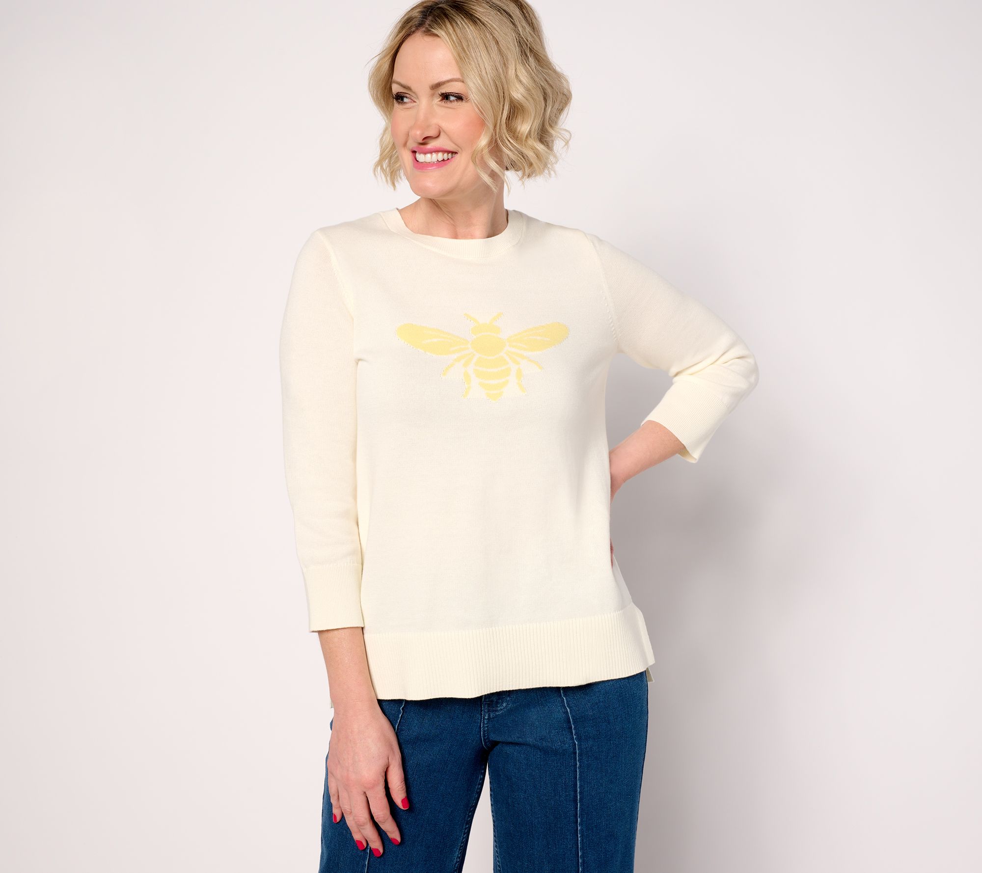 "As Is" Joan Rivers Queen Bee 100% Cotton Crewneck 3/4 Sleeves Sweater