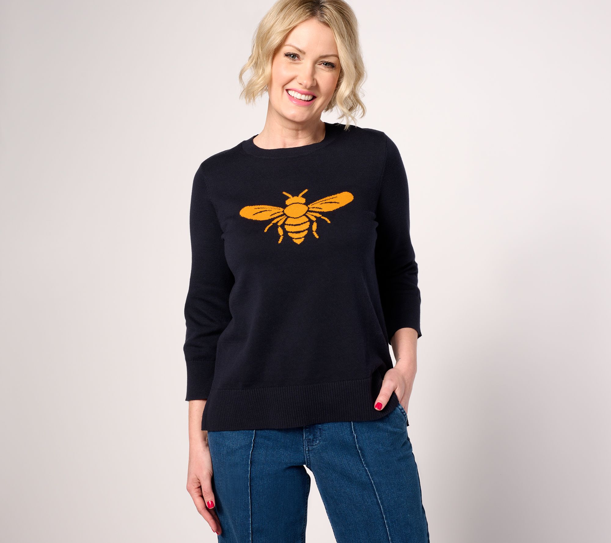 "As Is" Joan Rivers Queen Bee 100% Cotton Crewneck 3/4 Sleeves Sweater
