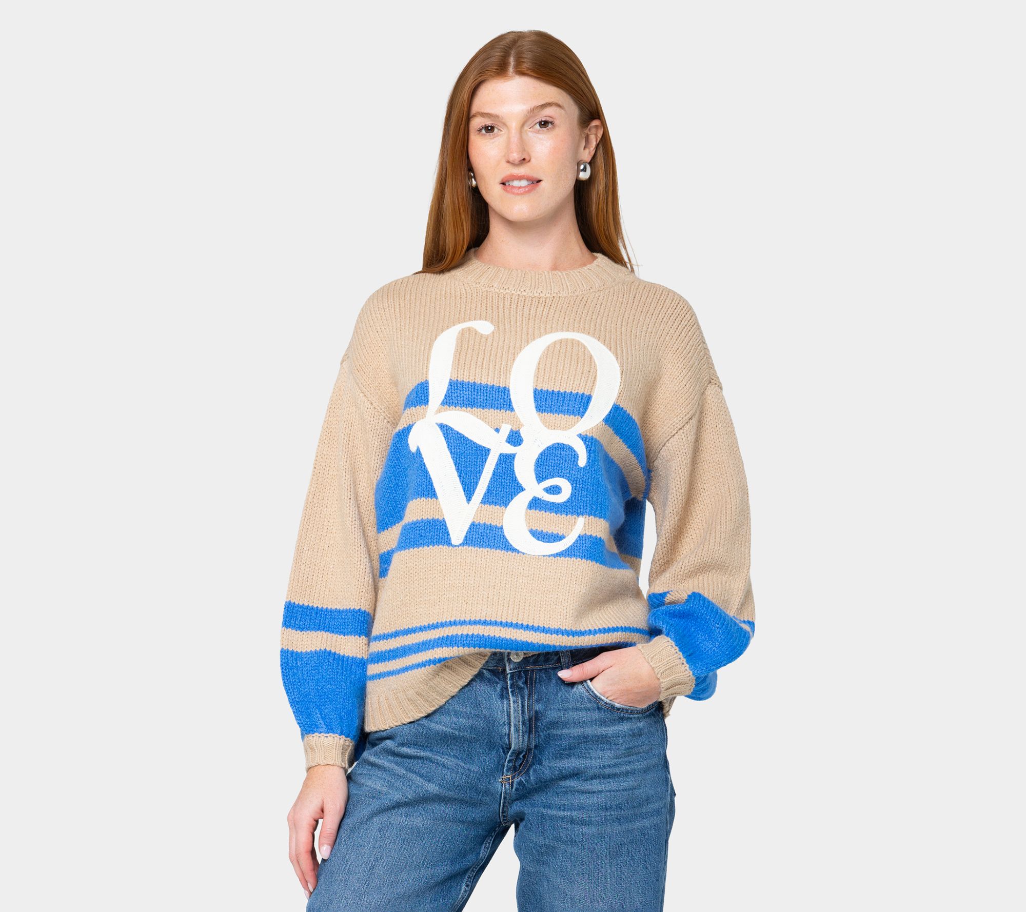 Peace Love World Stripe Lantern Sleeve Sweater