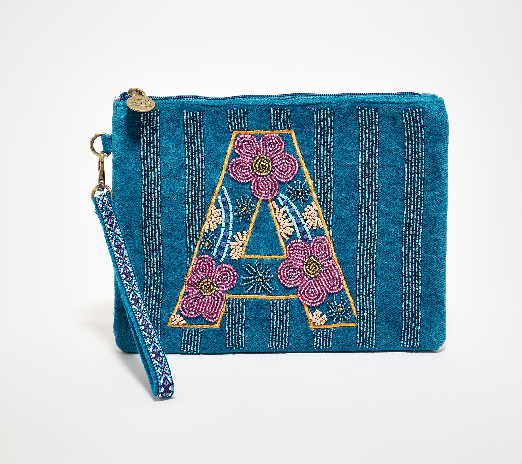 America & Beyond Velvet Embellished Initial Wristlet