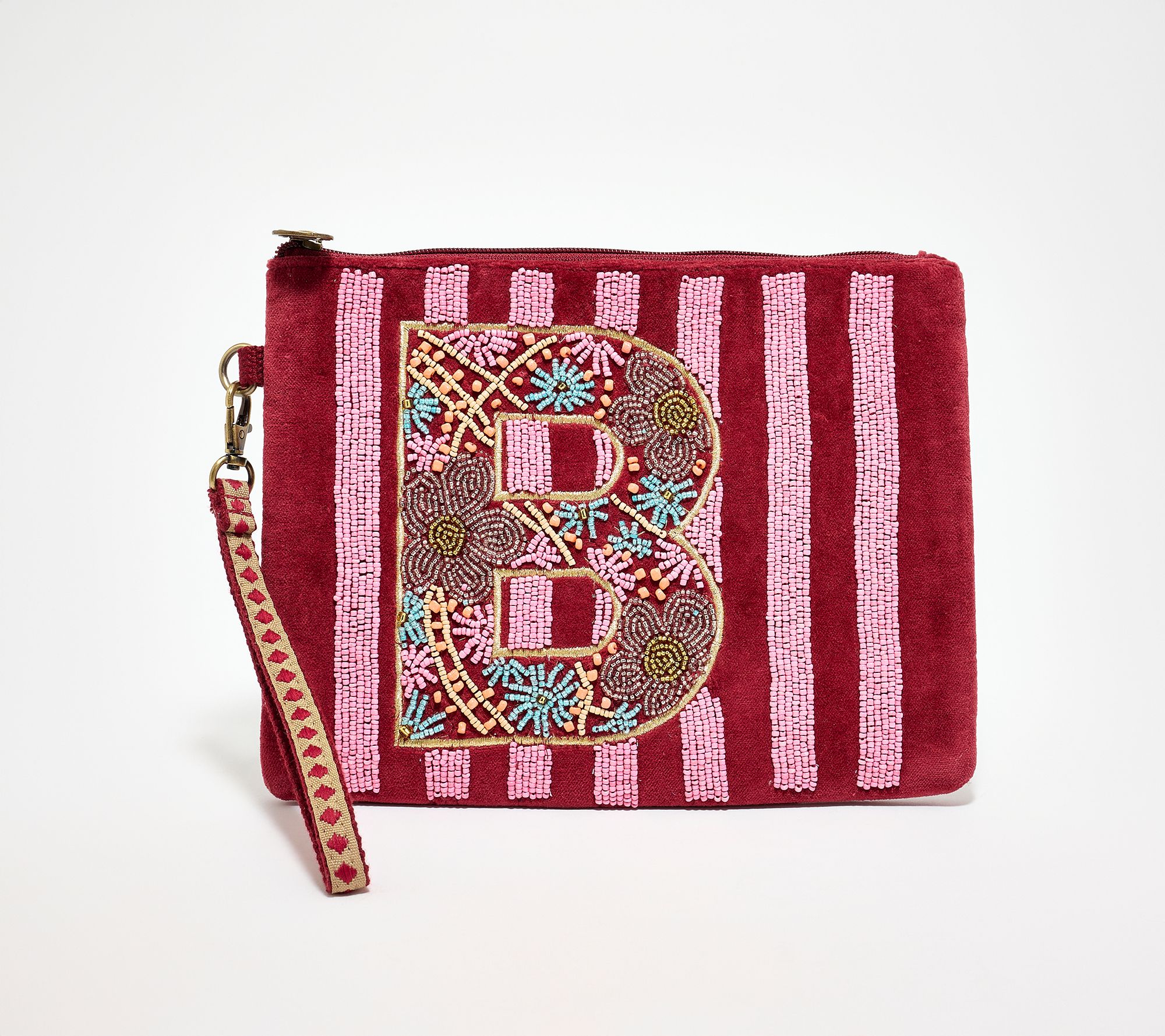 America & Beyond Velvet Embellished Initial Wristlet