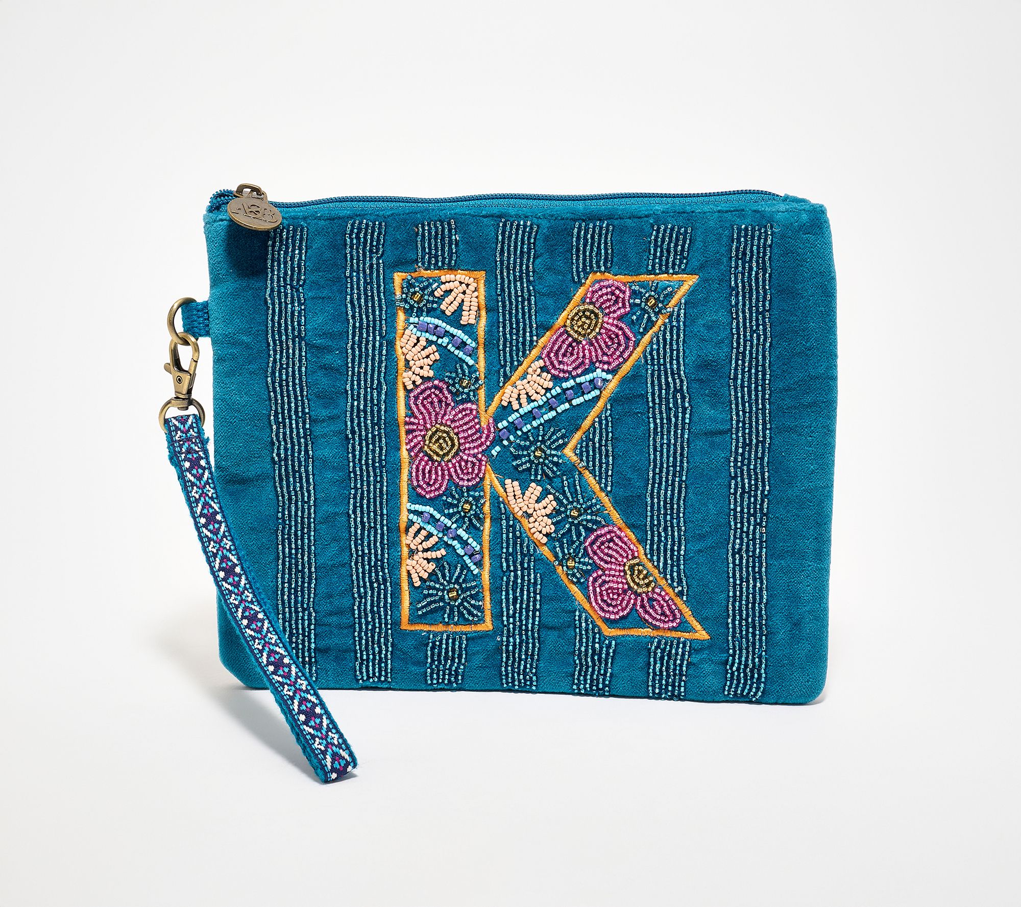 America & Beyond Velvet Embellished Initial Wristlet