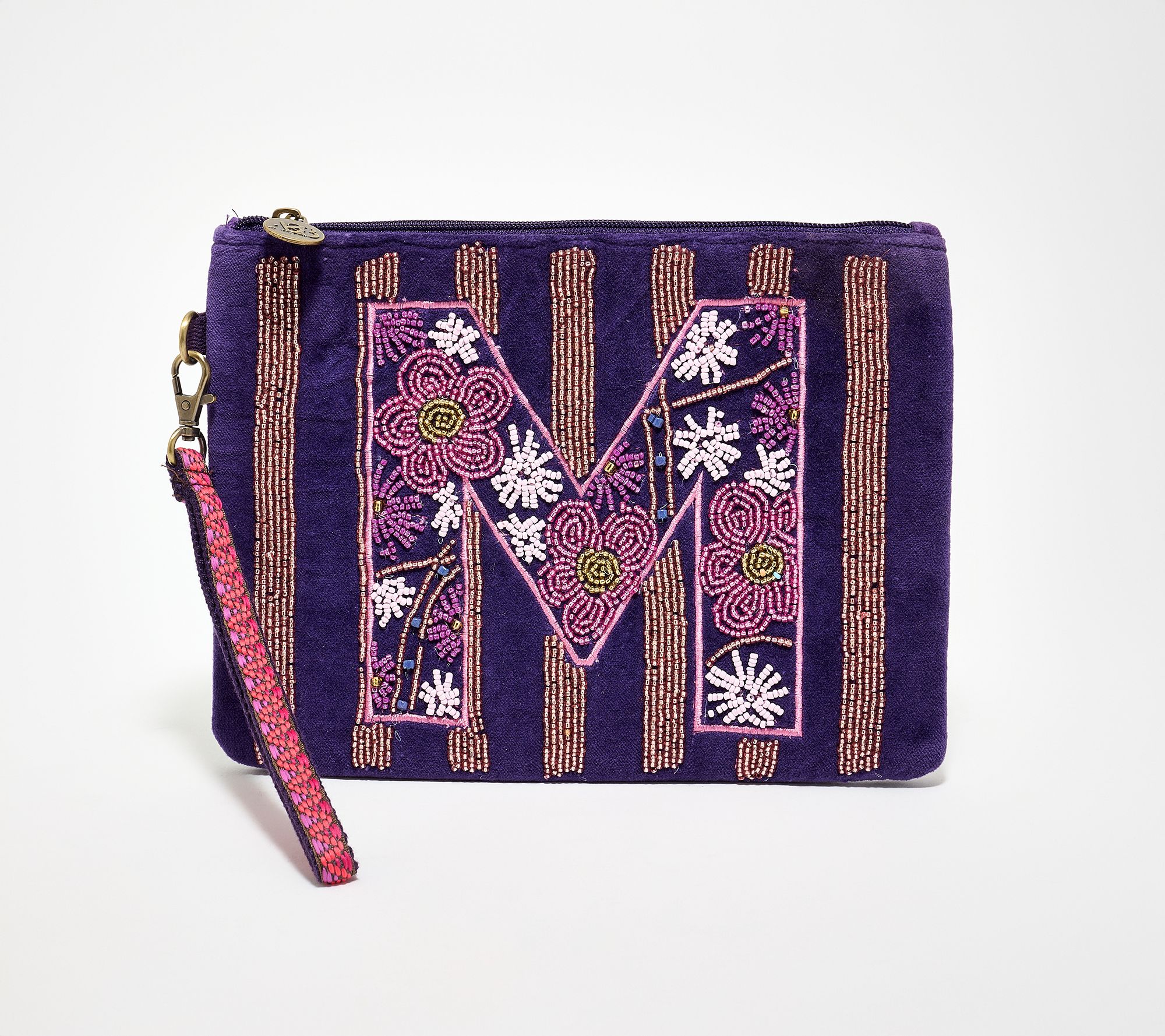 America & Beyond Velvet Embellished Initial Wristlet
