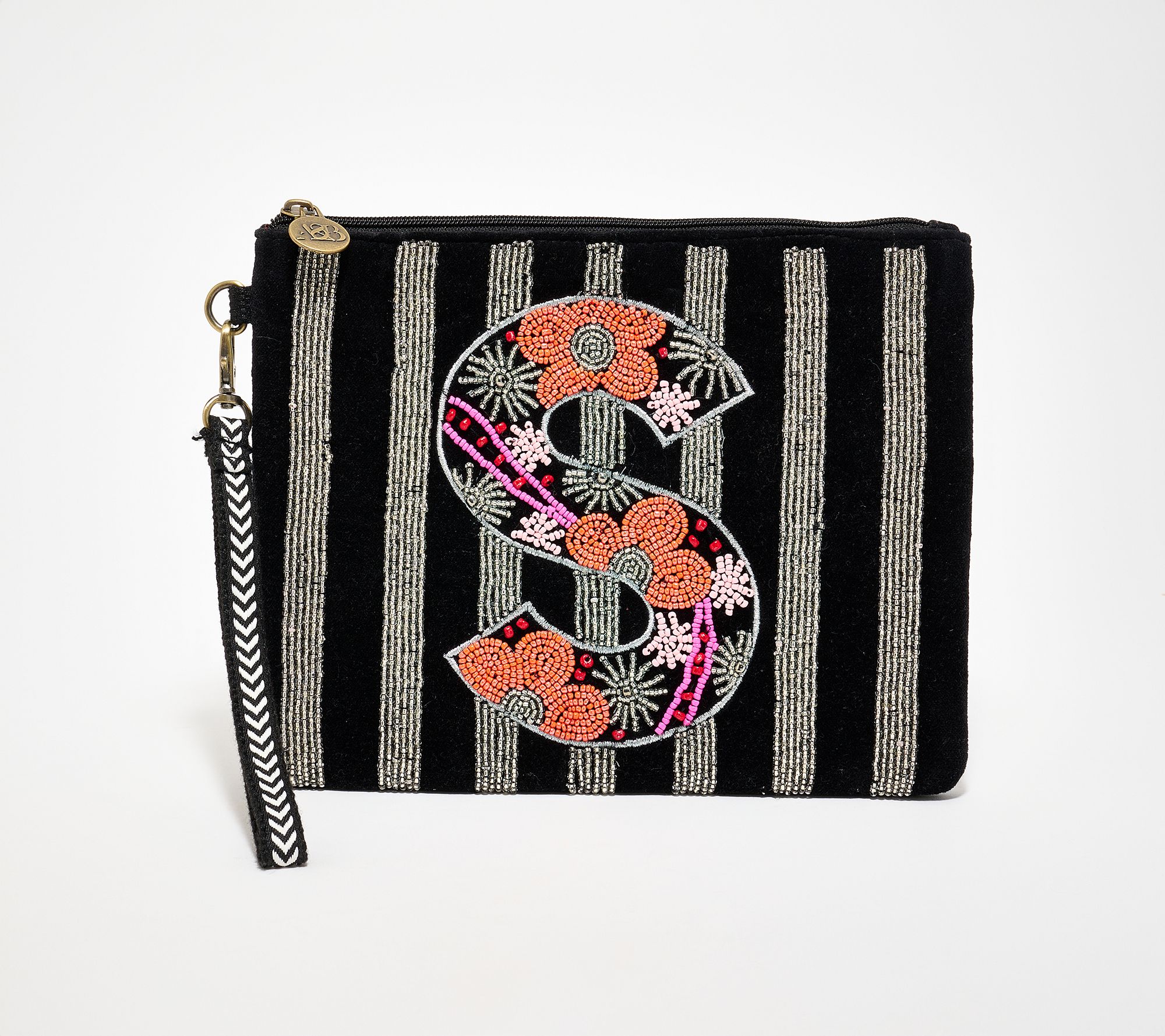 America & Beyond Velvet Embellished Initial Wristlet
