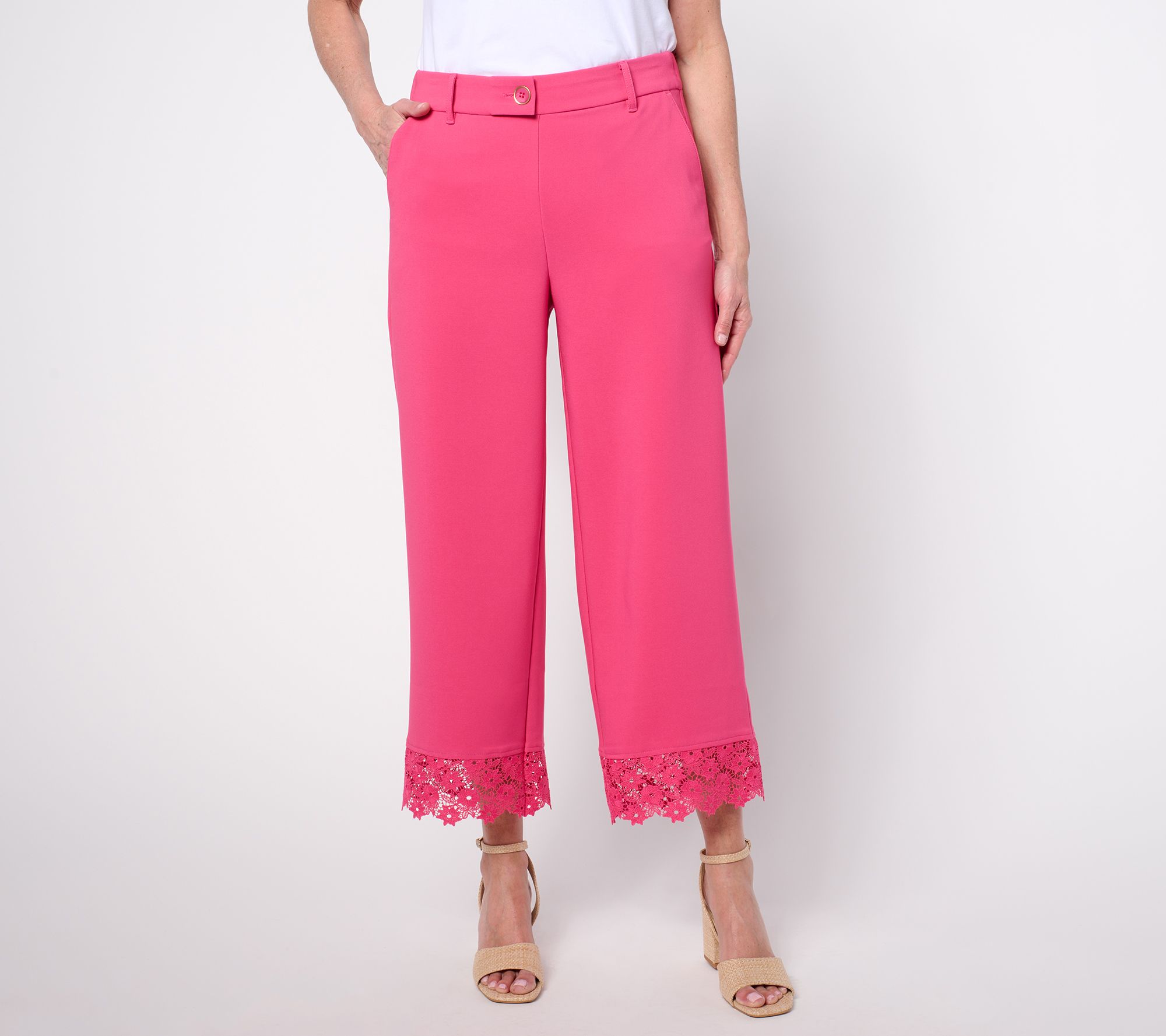 "As Is" Isaac Mizrahi Live! Reg Crepe Wide Leg Crop Pants with Lace Trim