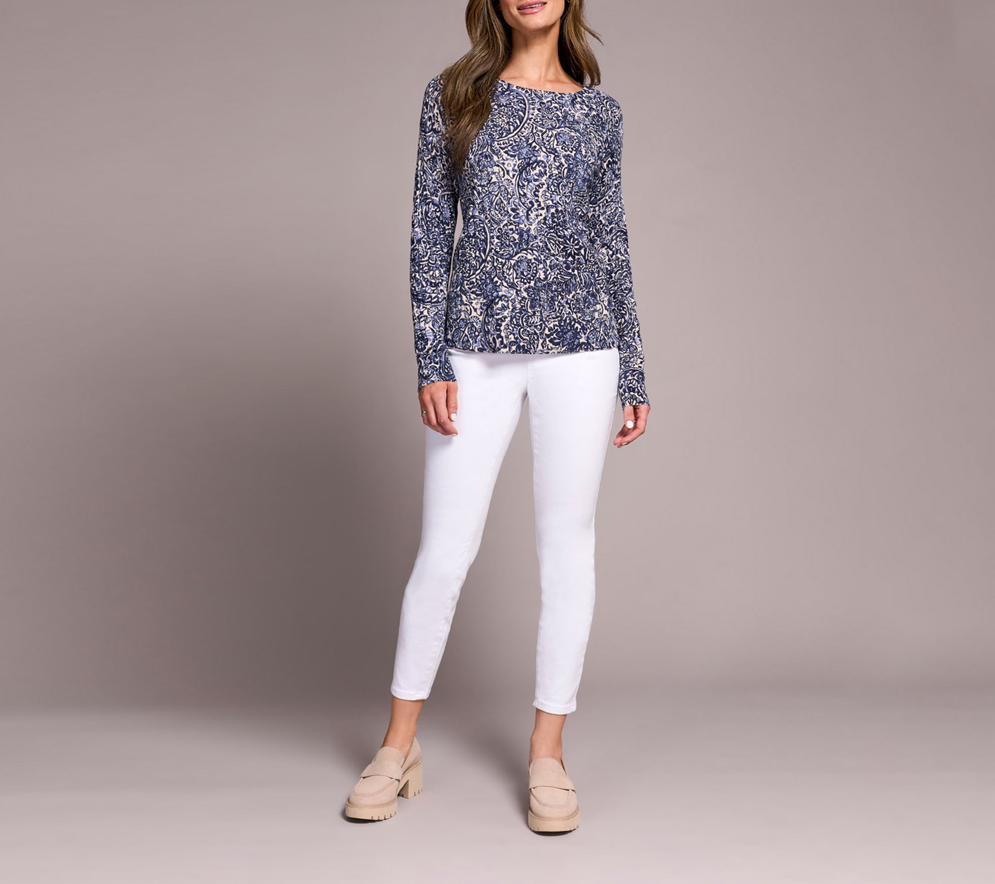 Tribal Printed Cable Cotton Crew Neck Sweater