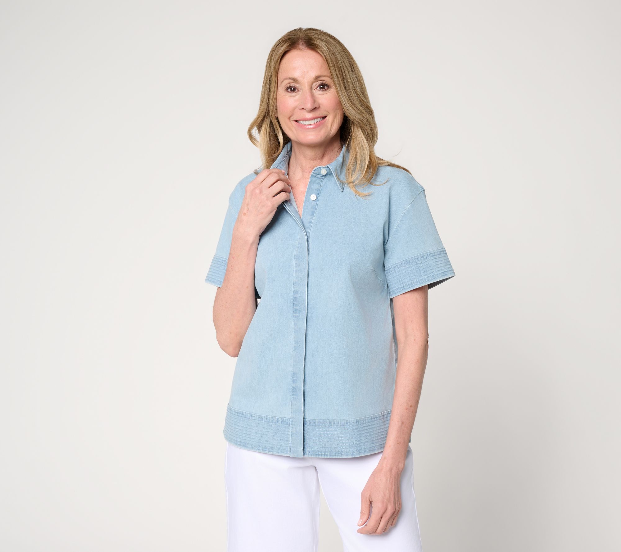 Susan Graver Shoreline Denim Short Sleeve Denim Shirt
