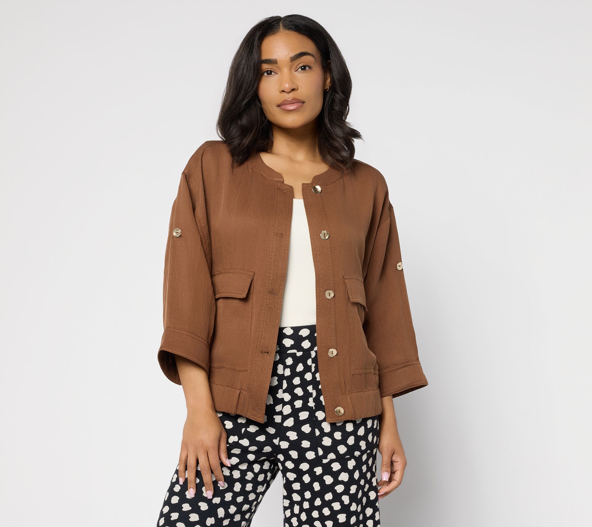Susan Graver Drapey Stretch Lyocell Woven Button Front Jacket