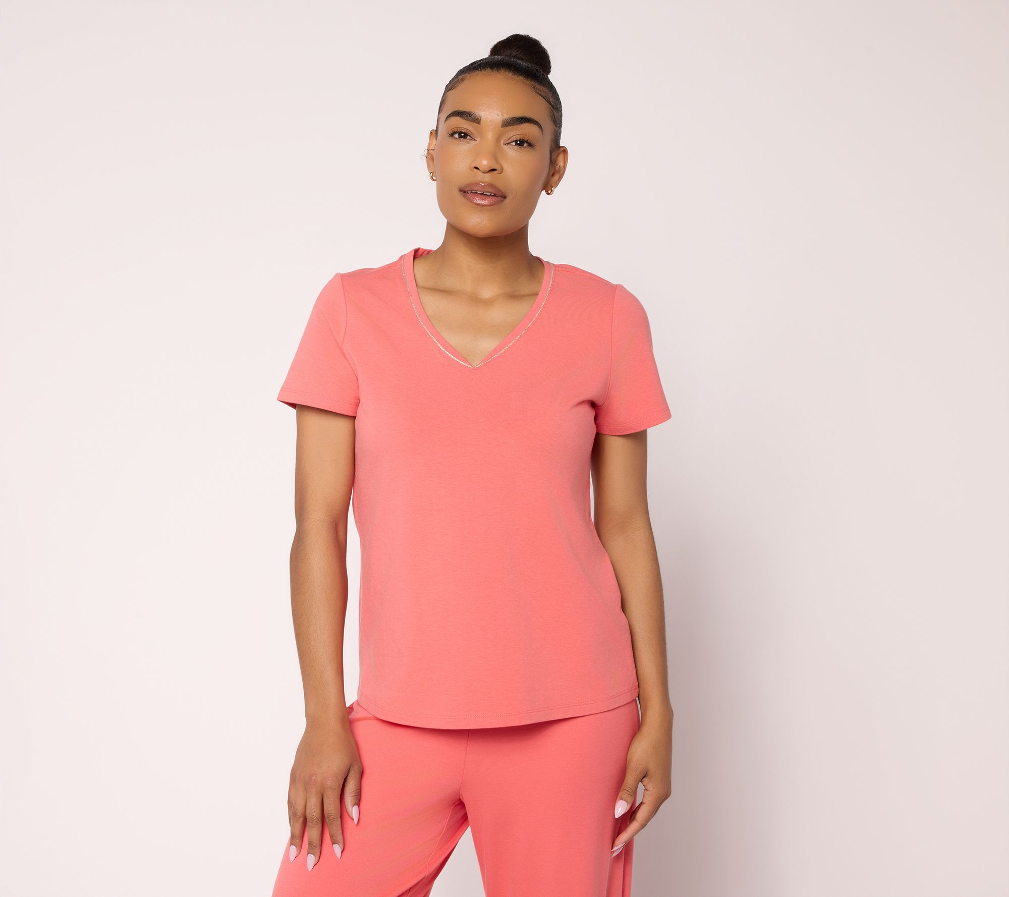 BEAUTIFUL by Lawrence Zarian Classic Knit Metallic Trim V-Neck Top