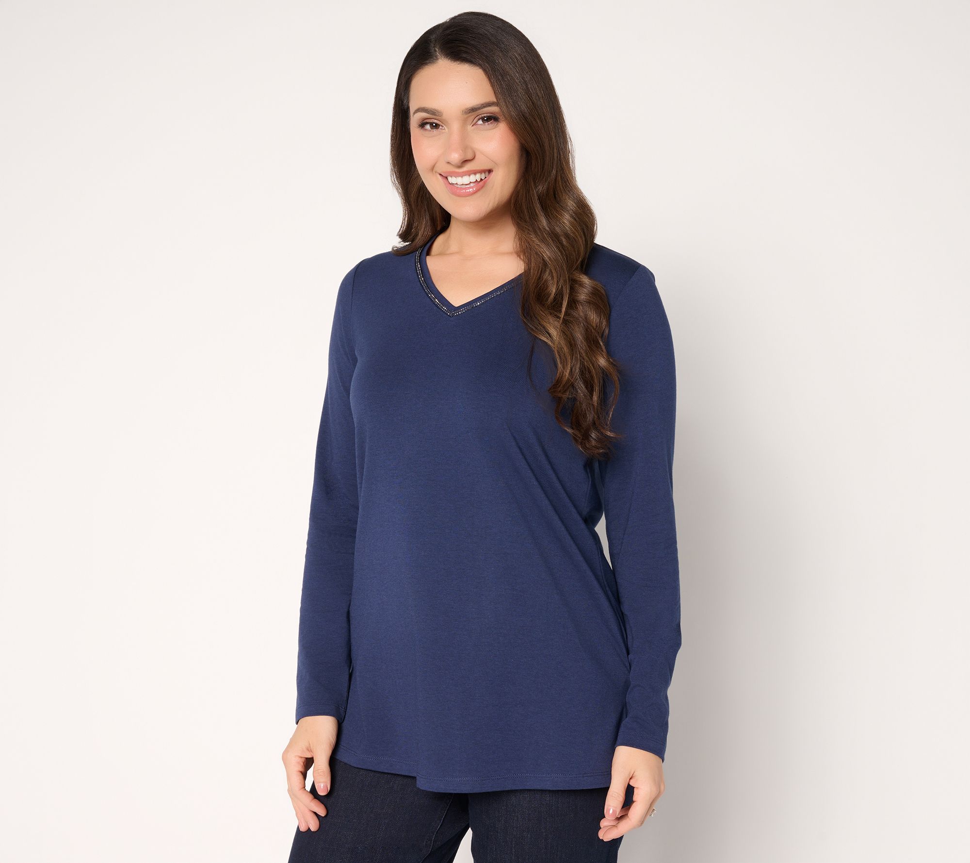 "As Is" Denim & Co. Regular Favorite Jersey Beaded V-Neck Tunic