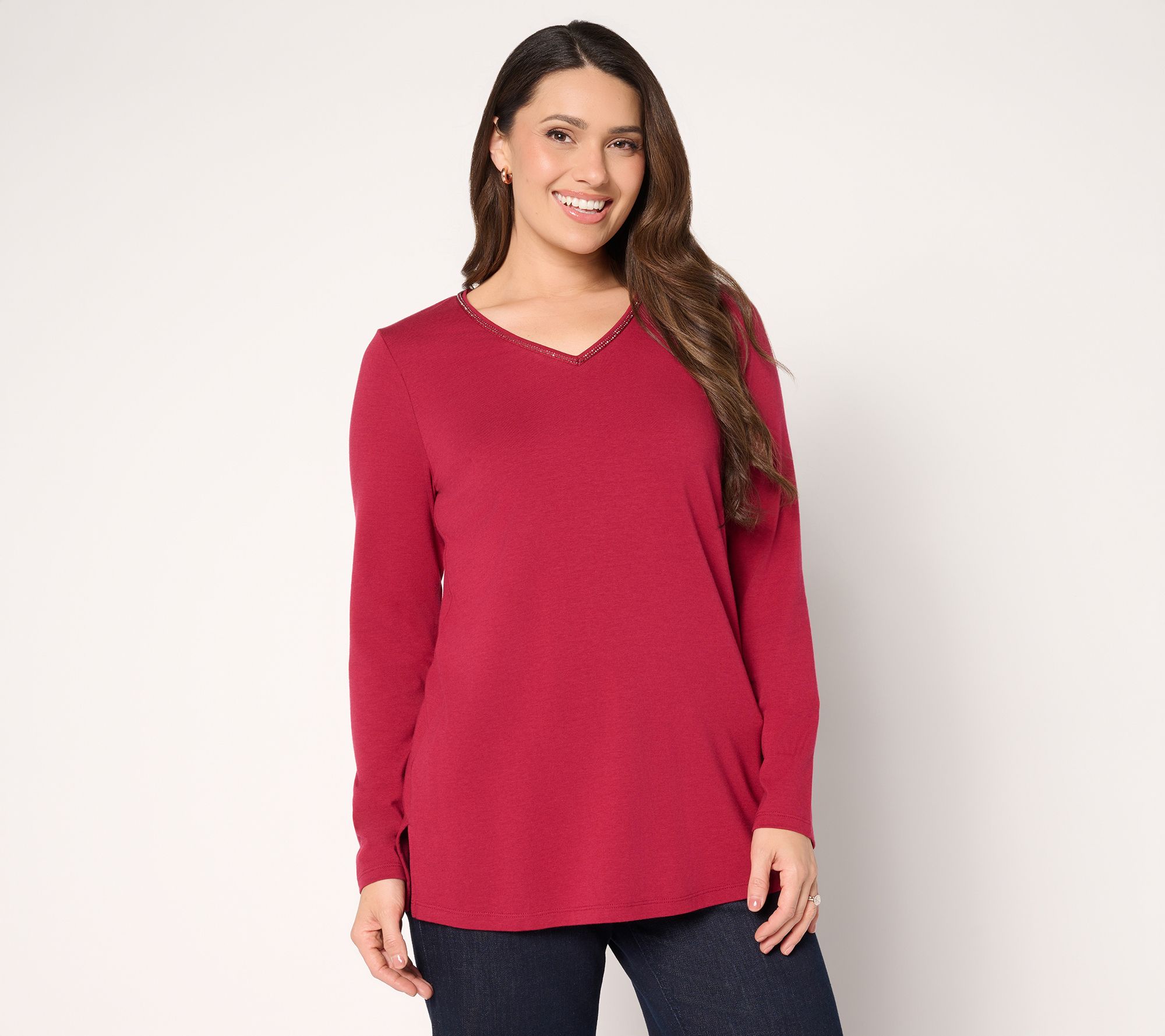 "As Is" Denim & Co. Regular Favorite Jersey Beaded V-Neck Tunic