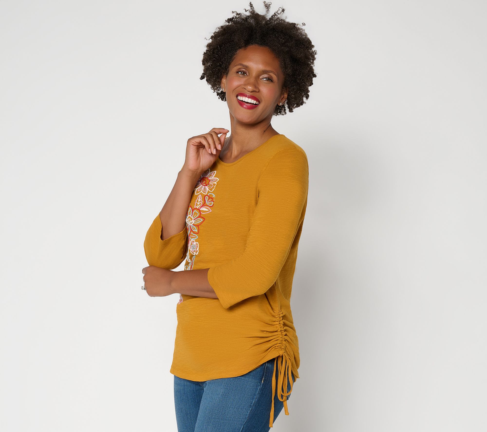 Denim & Co. Textured Knit 3/4-Sleeve Top with Placed Print