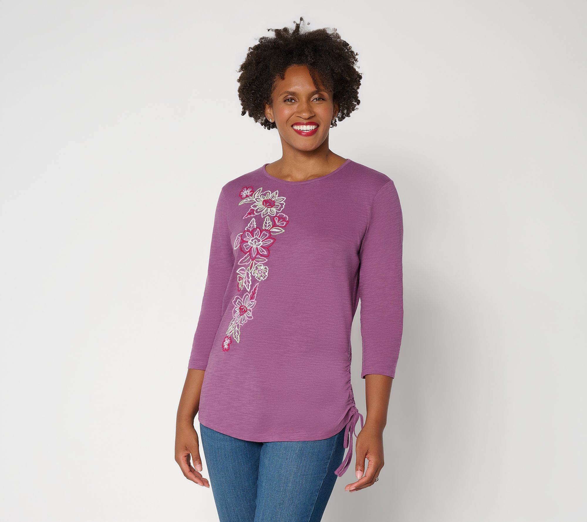 Denim & Co. Textured Knit 3/4-Sleeve Top with Placed Print