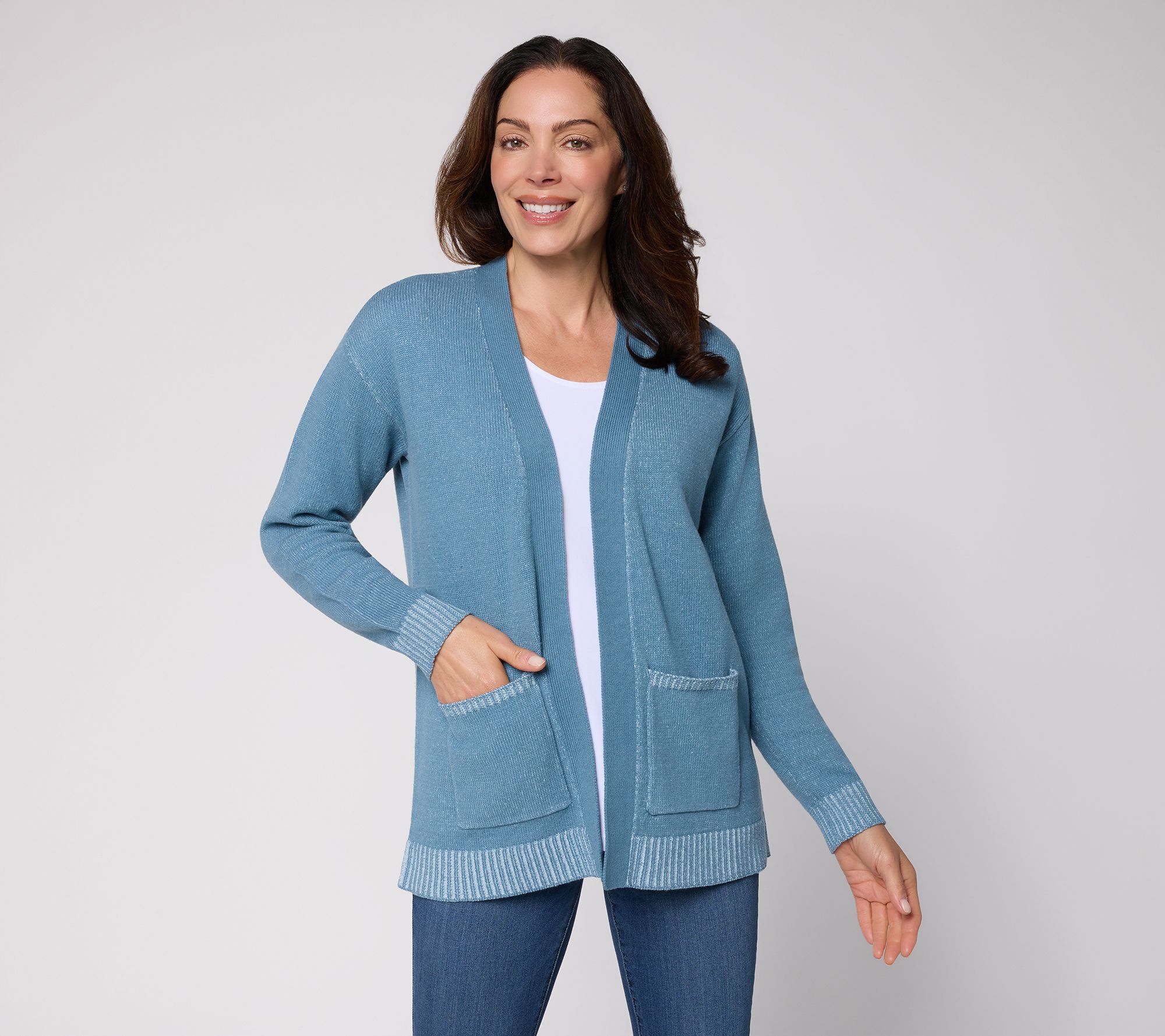  Denim & Co. Regular Plaited Open Front Cardigan with Pockets