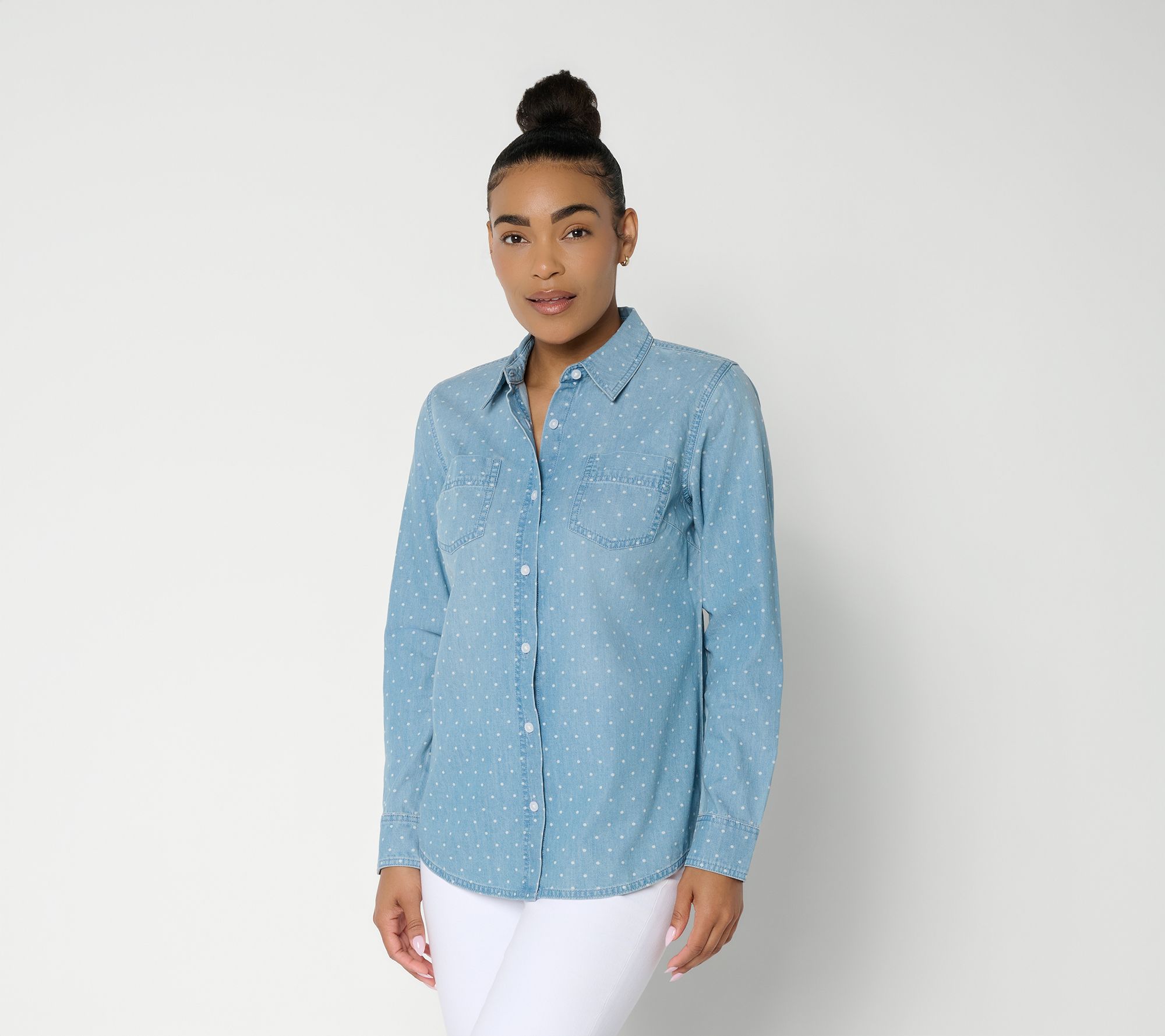 "As Is" Denim & Co. Regular Denim Button Front Big Shirt