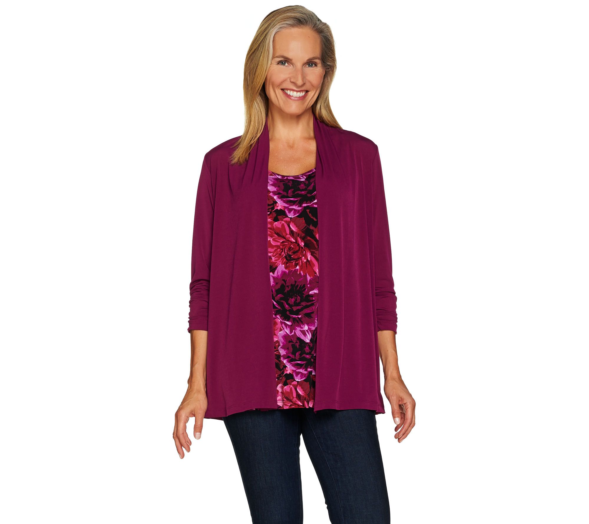 Susan Graver Liquid Knit Roll Tab Sleeve Cardigan & Tank Set - Page 1 ...