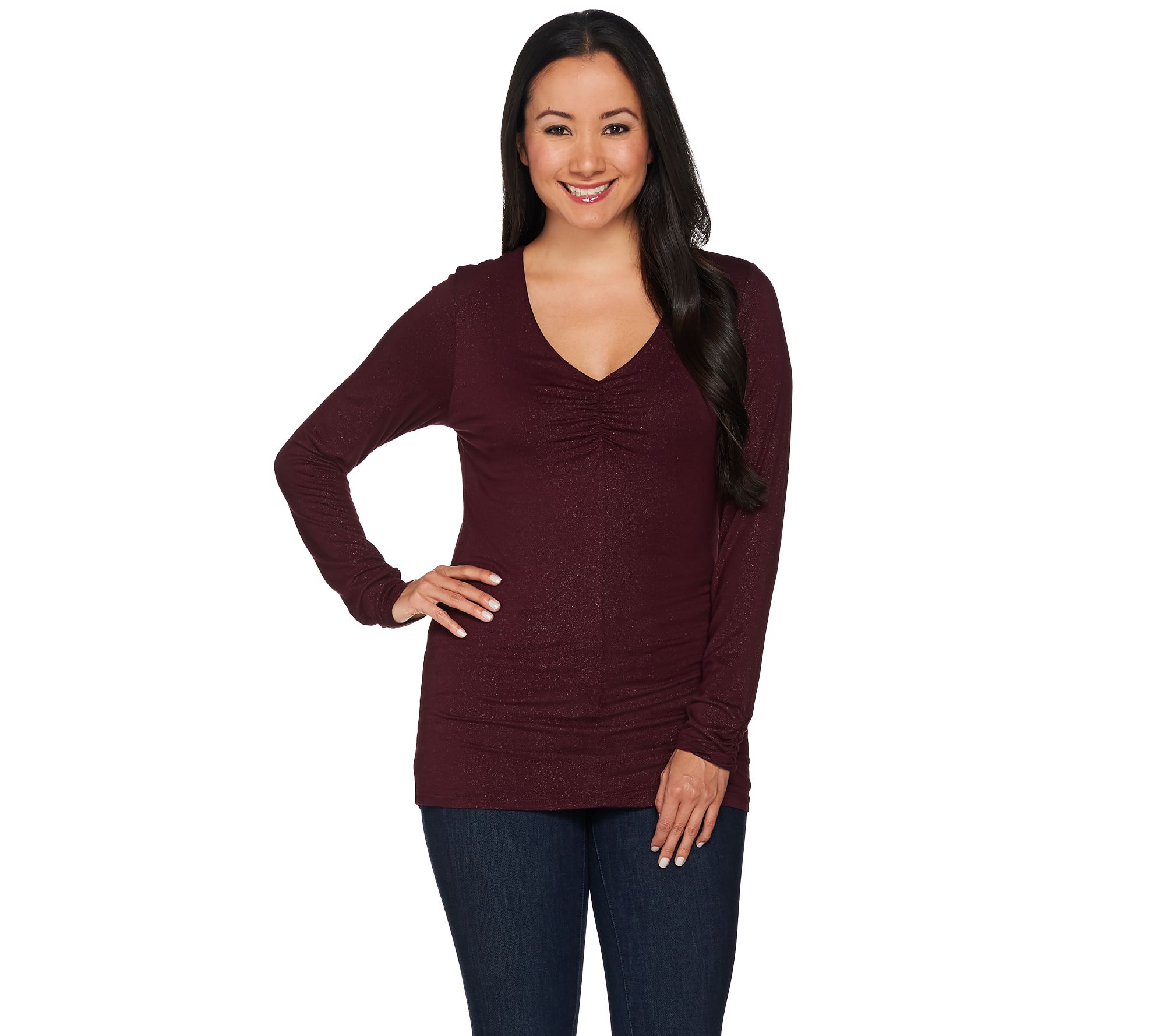 Kelly by Clinton Kelly V-Neck Metallic Jersey Long Sleeve Top - QVC.com