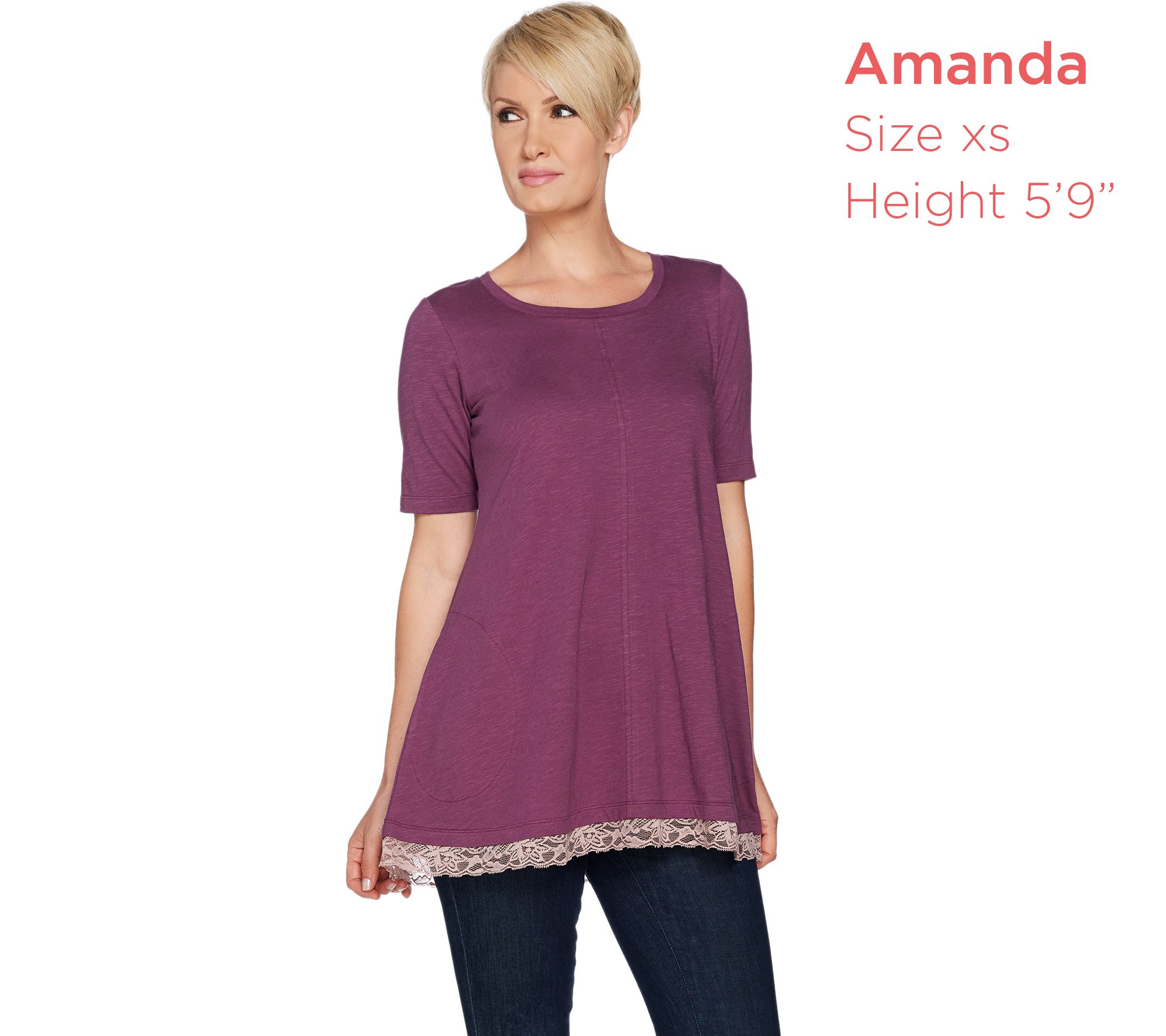 LOGO by Lori Goldstein Cotton Slub Knit Top with Lace Hem - QVC.com