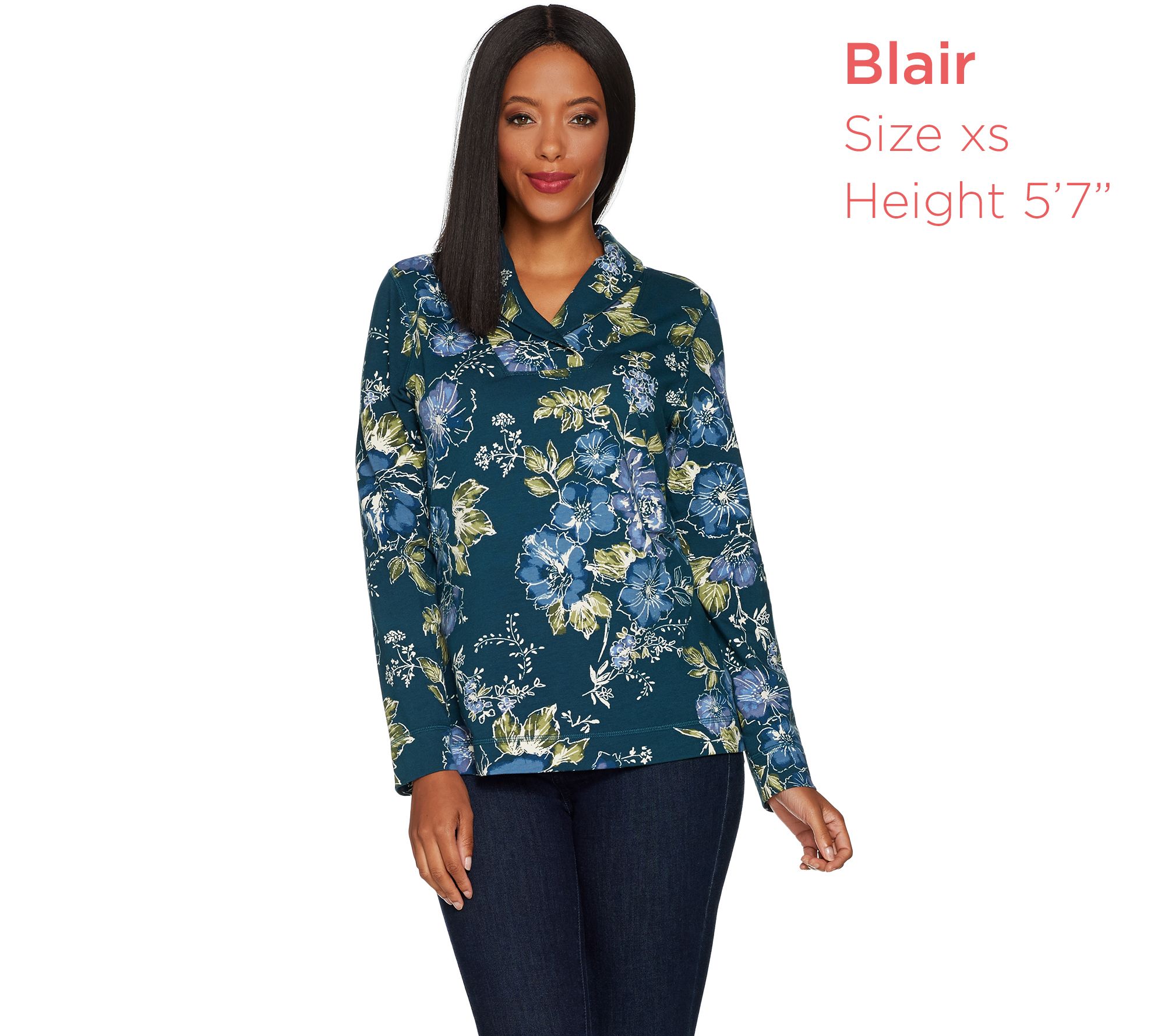 Denim & Co. Floral Print French Terry Shawl Collar Long Sleeve Top