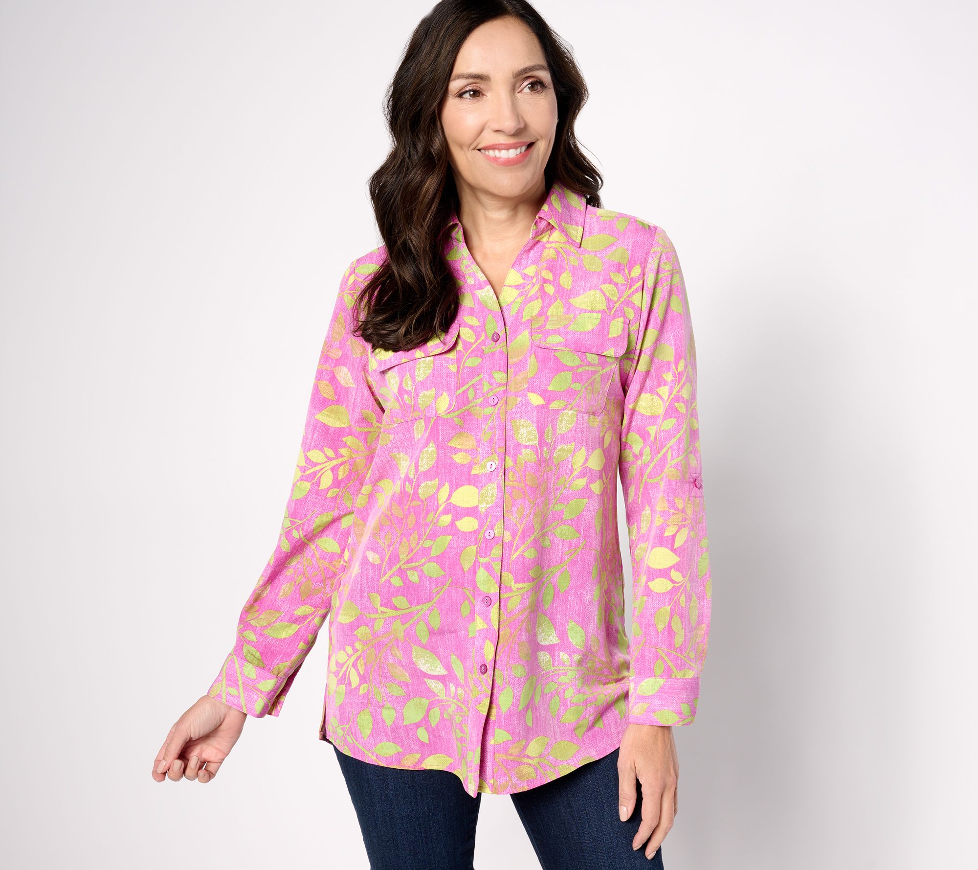 Denim & Co. Printed Woven Button Front Roll Tab Sleeve Tunic - QVC.com