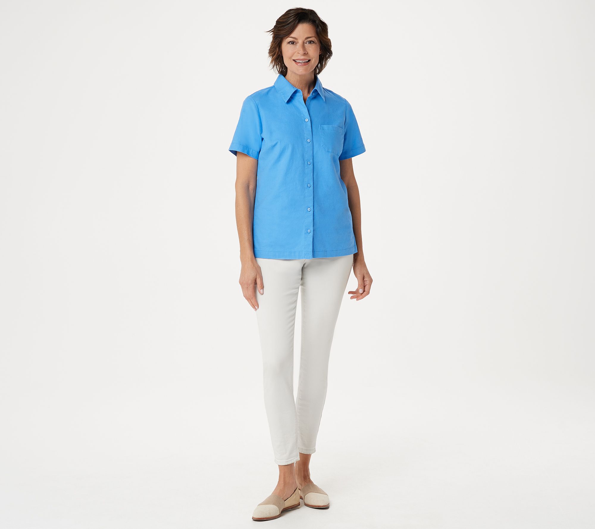 "As Is" Denim & Co. Short Sleeve Camp Shirt with Chest Pocket