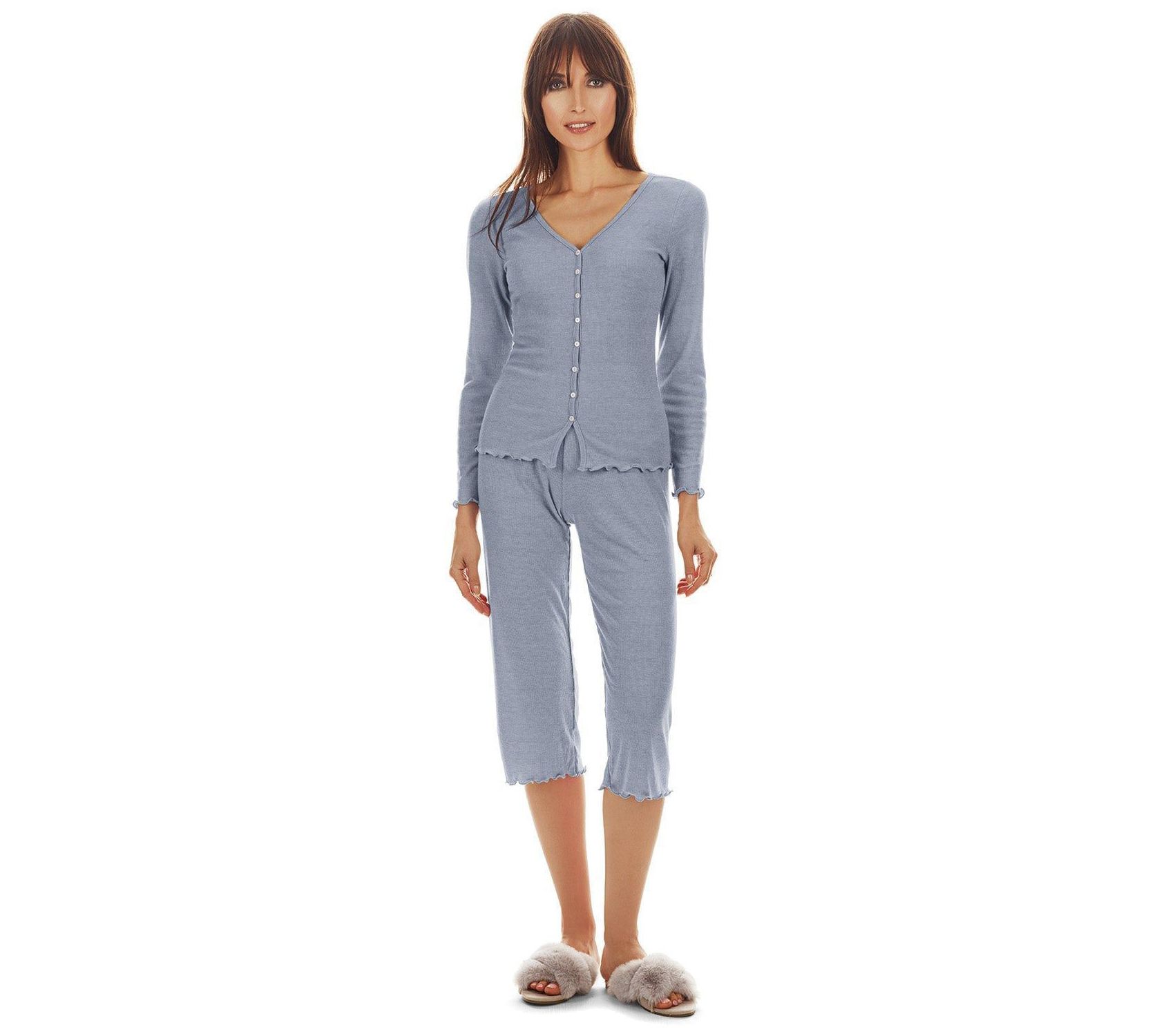 Memoi Lettuce Edge Rib Capri Set