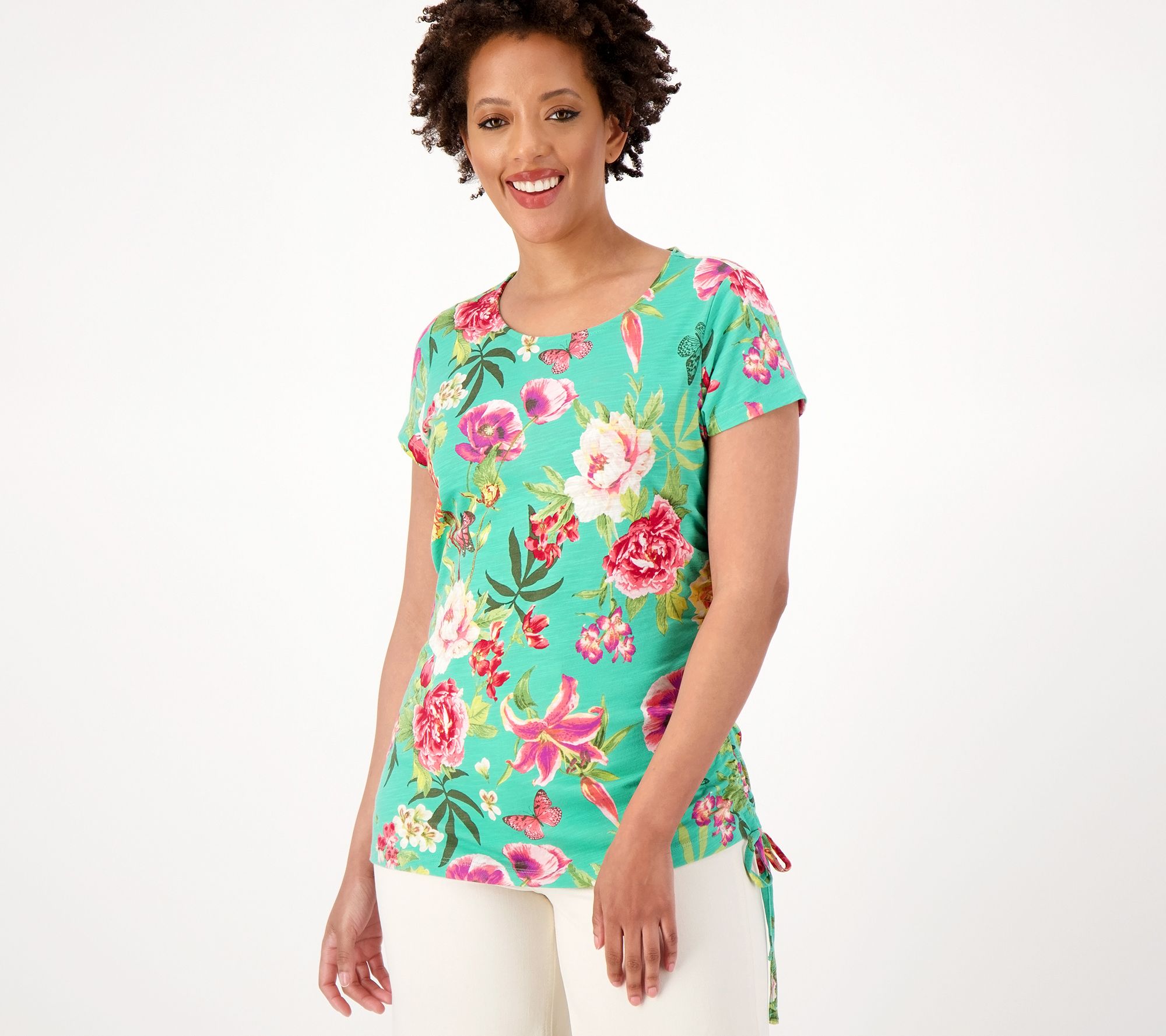 Belle by Kim Gravel Slub Knit Side Ruched Print Top