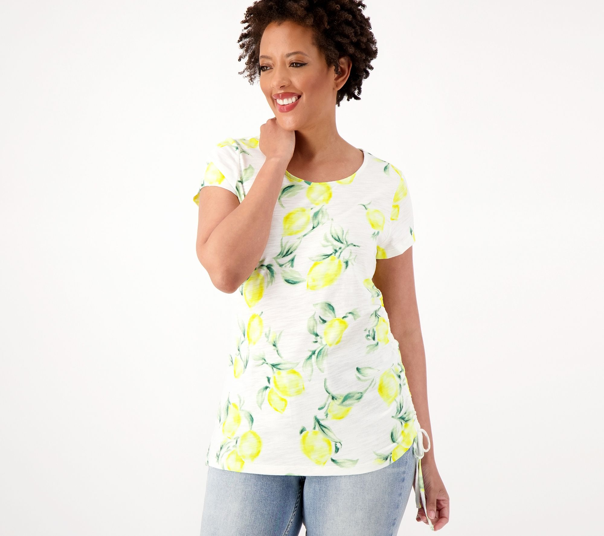 Belle by Kim Gravel Slub Knit Side Ruched Print Top