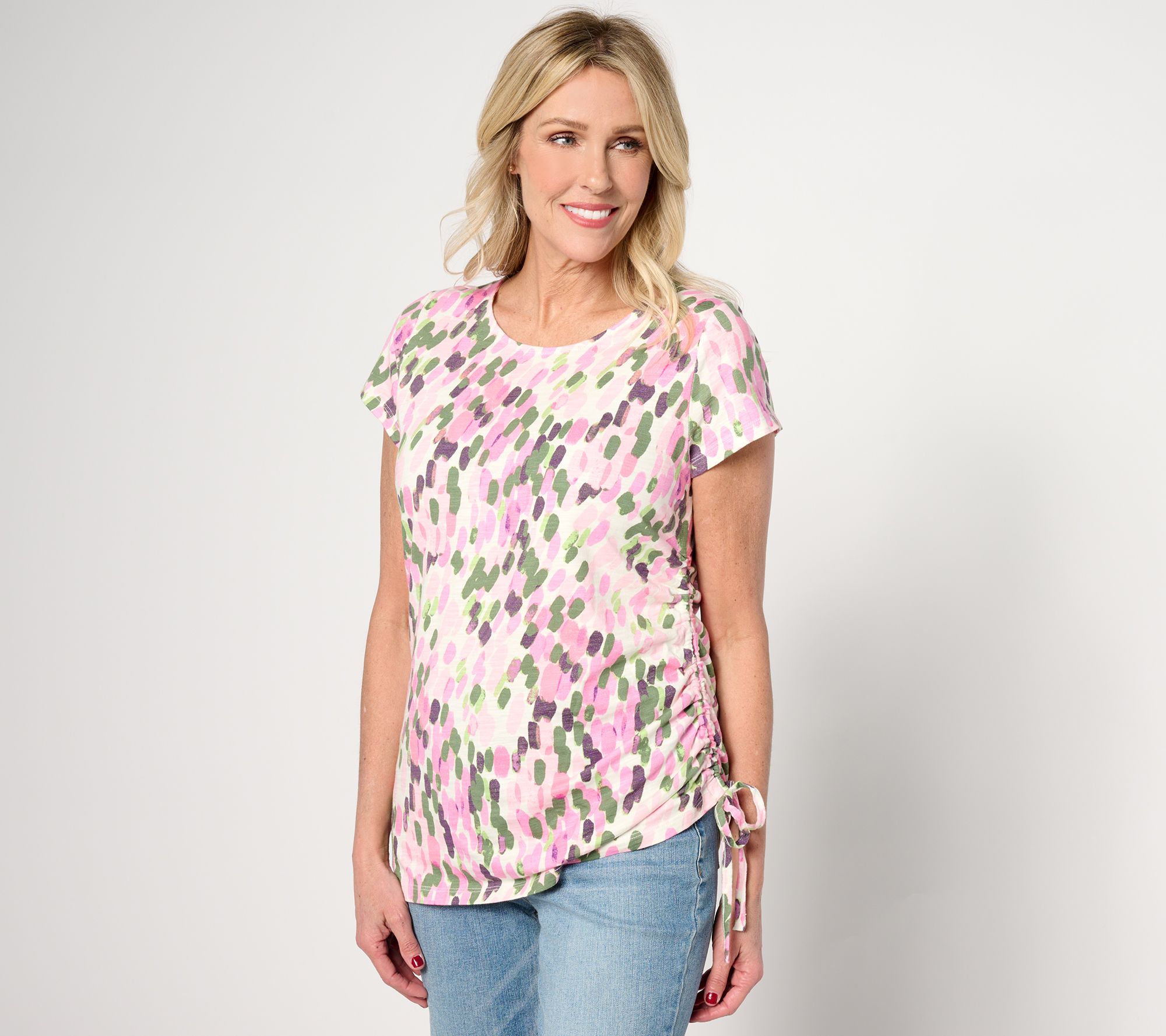Belle by Kim Gravel Slub Knit Side Ruched Print Top
