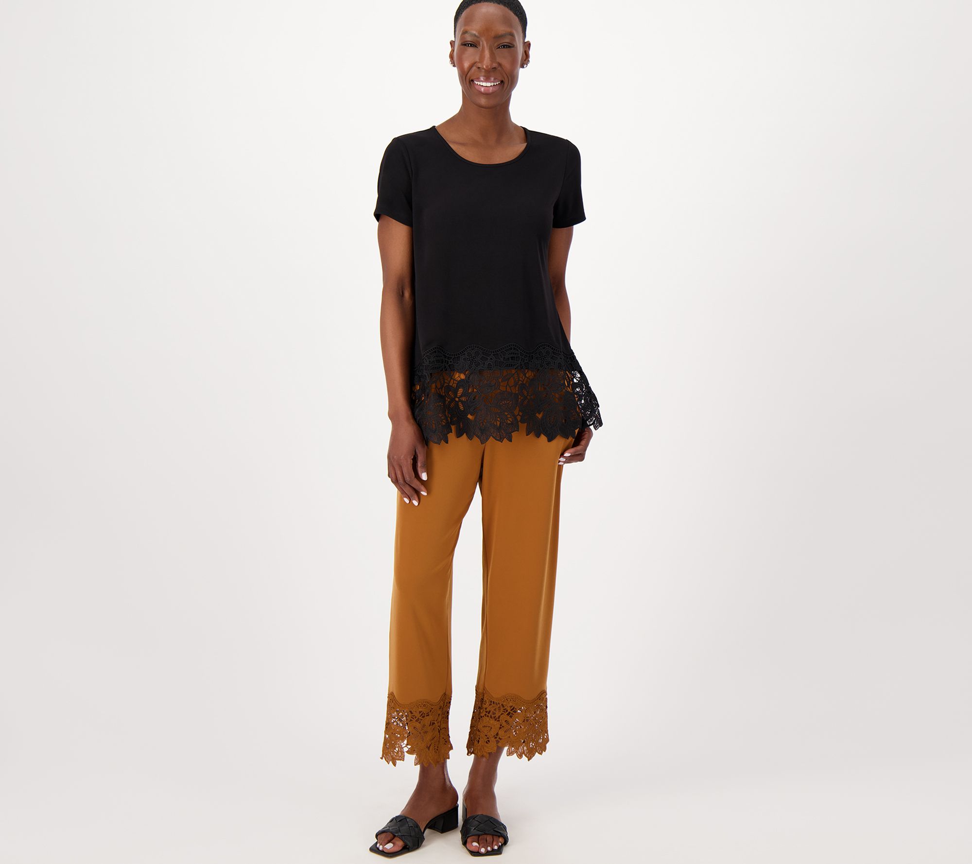 Susan Graver Occasions Pet Liquid Knit Lace Hem Crop Pants - QVC.com