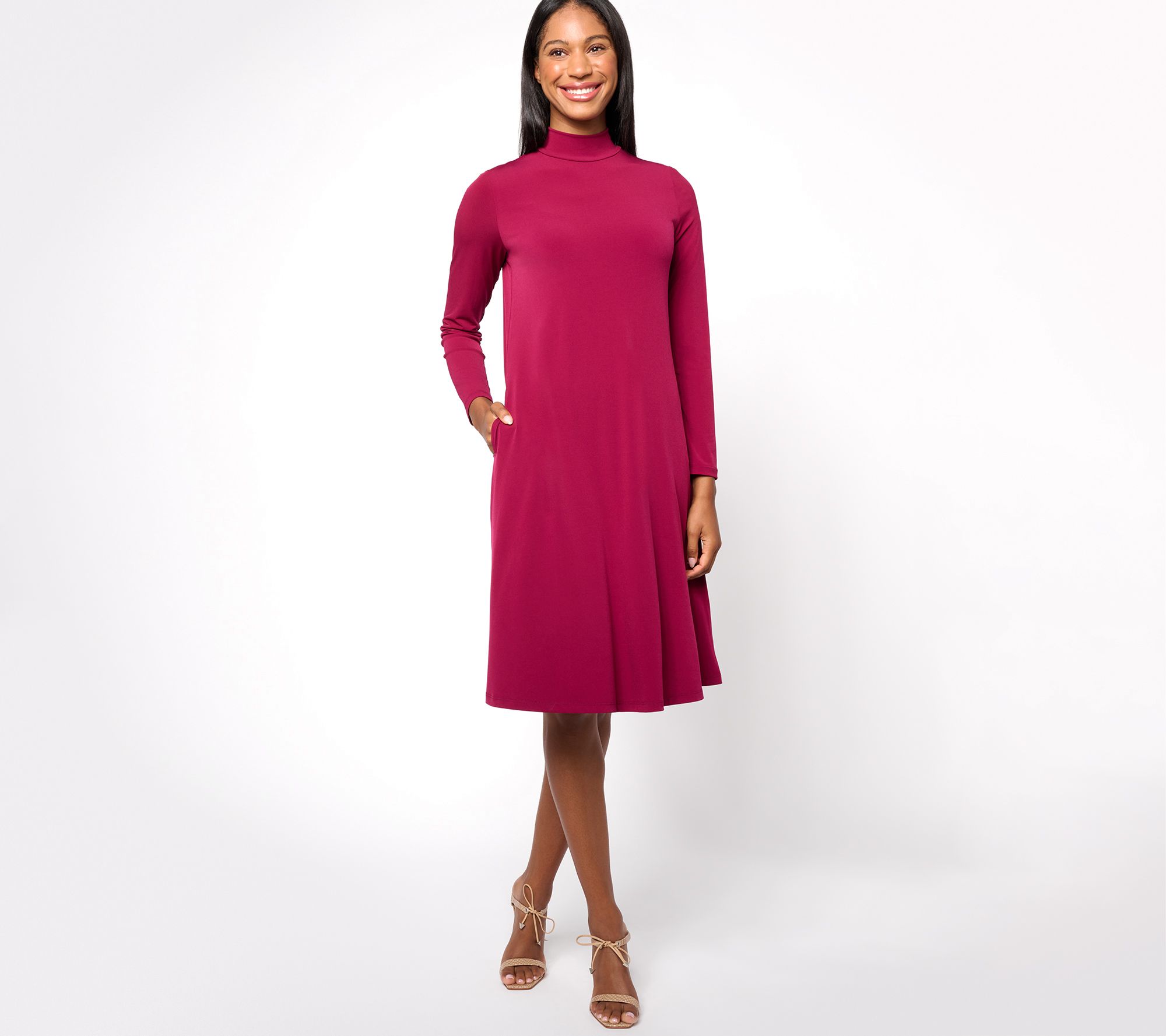 Susan Graver Petite Liquid Knit A-Line Long-Sleeve Mock Neck Dress