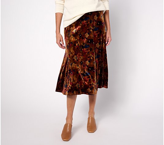 Susan Graver Petite Printed Knit Velvet Paneled Midi Pull-On Skirt