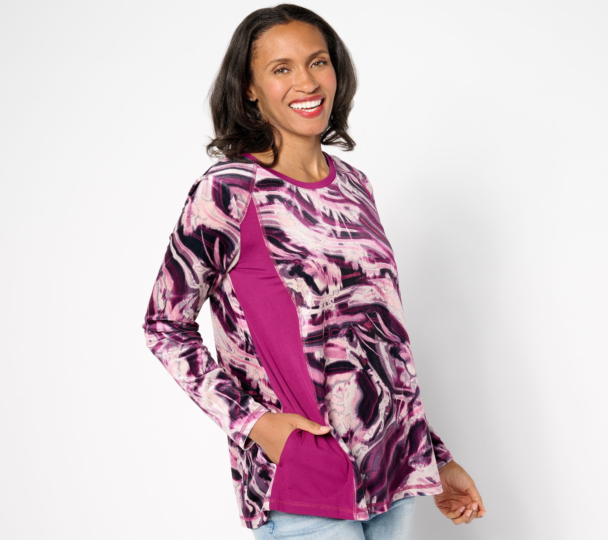 LOGO by Lori Goldstein Printed Velour Scoop Neck Pieced Top