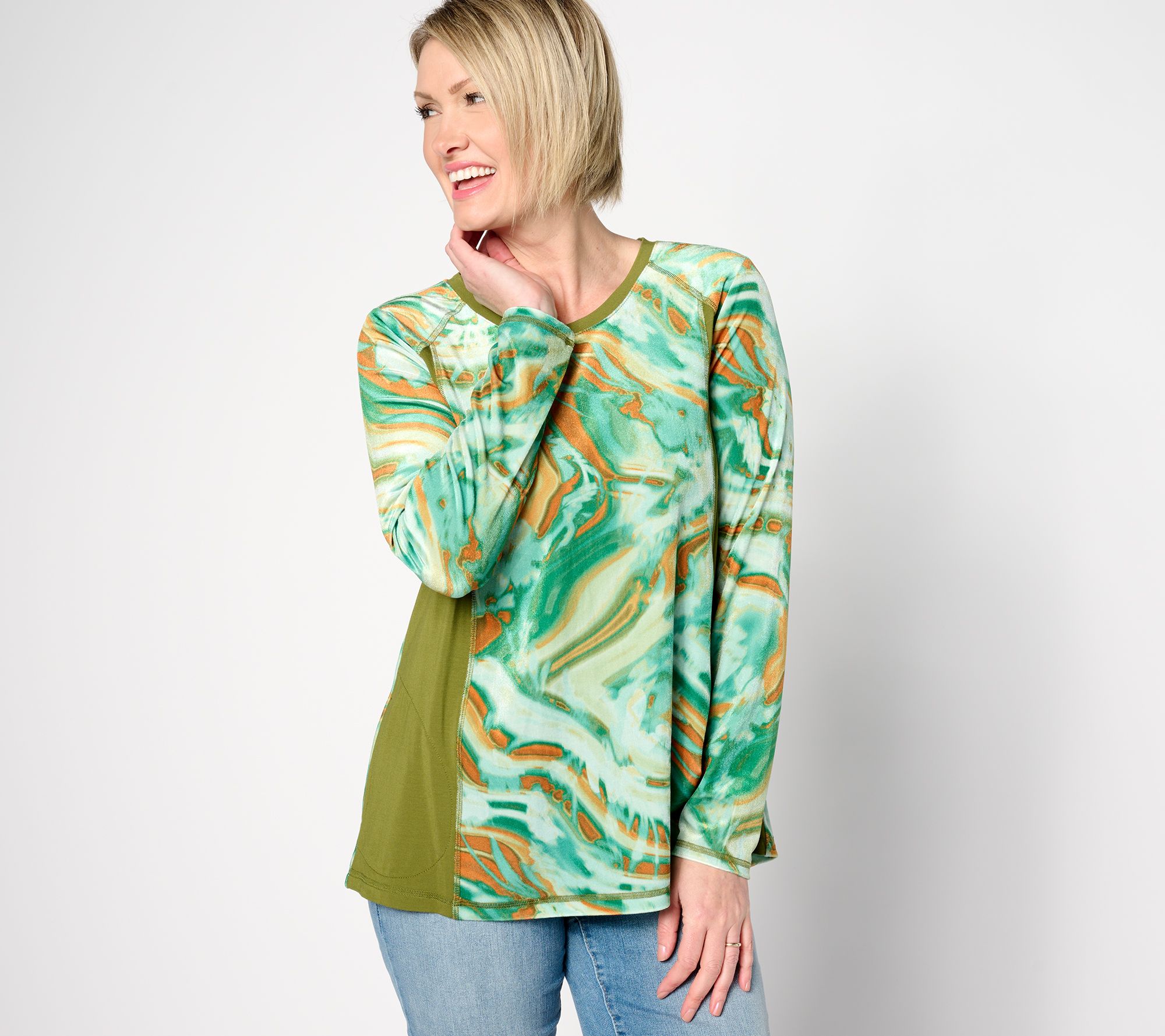 LOGO by Lori Goldstein Printed Velour Scoop Neck Pieced Top