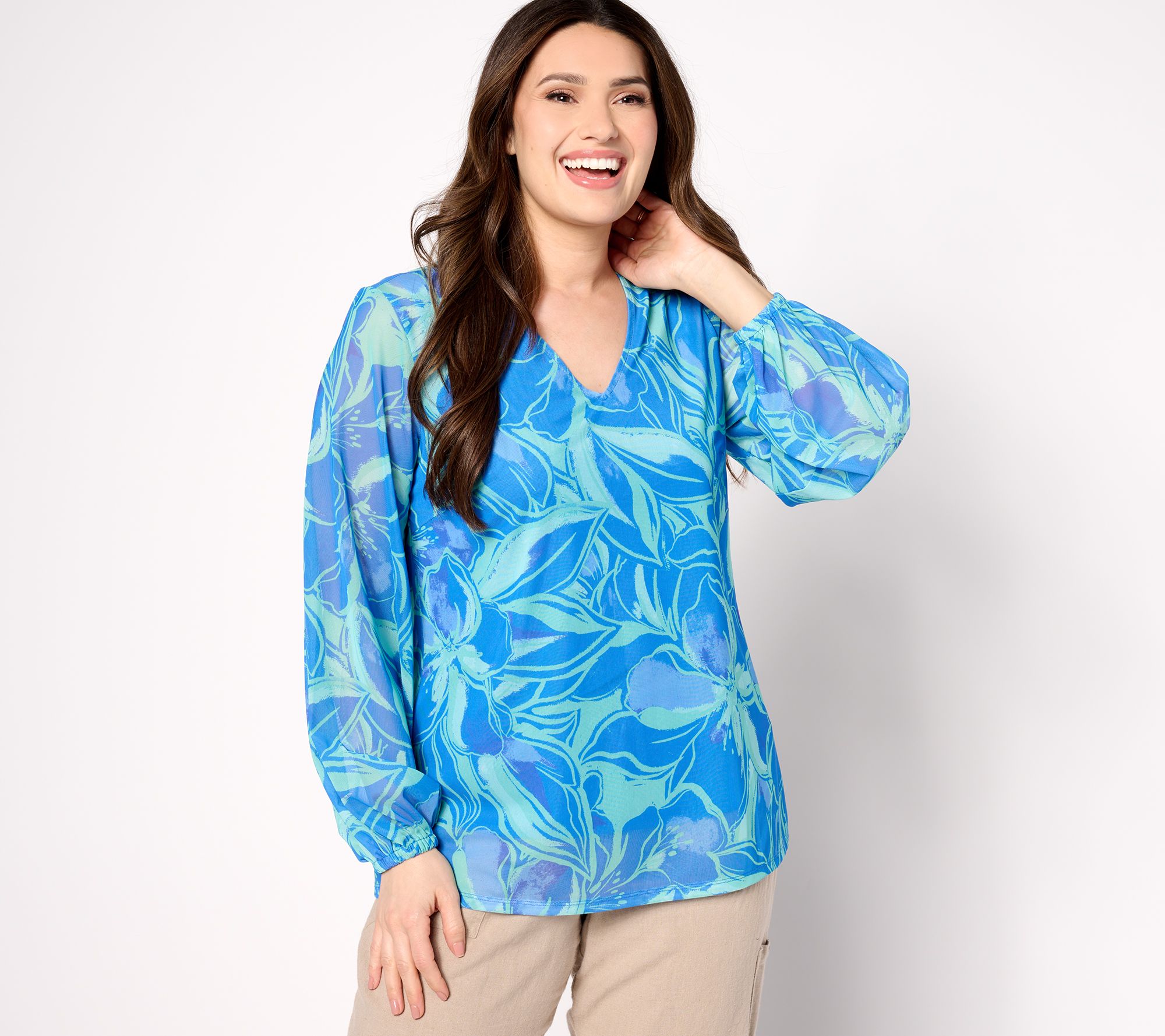 Belle Beach by Kim Gravel TropiCool Knit Suncatcher Blouson Slv Top