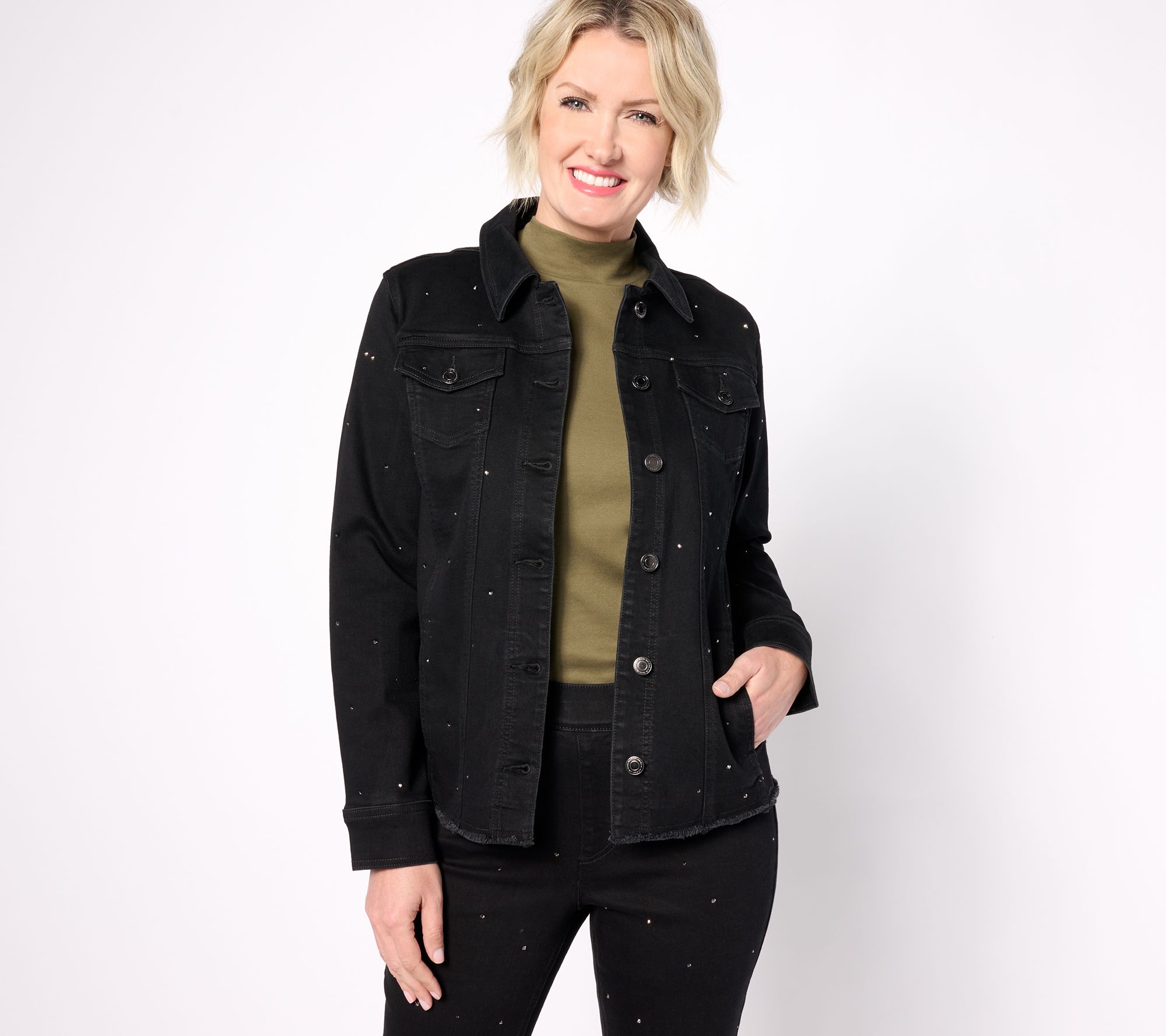 "As Is" Isaac Mizrahi Live! Black Denim Jacket with Embellishment