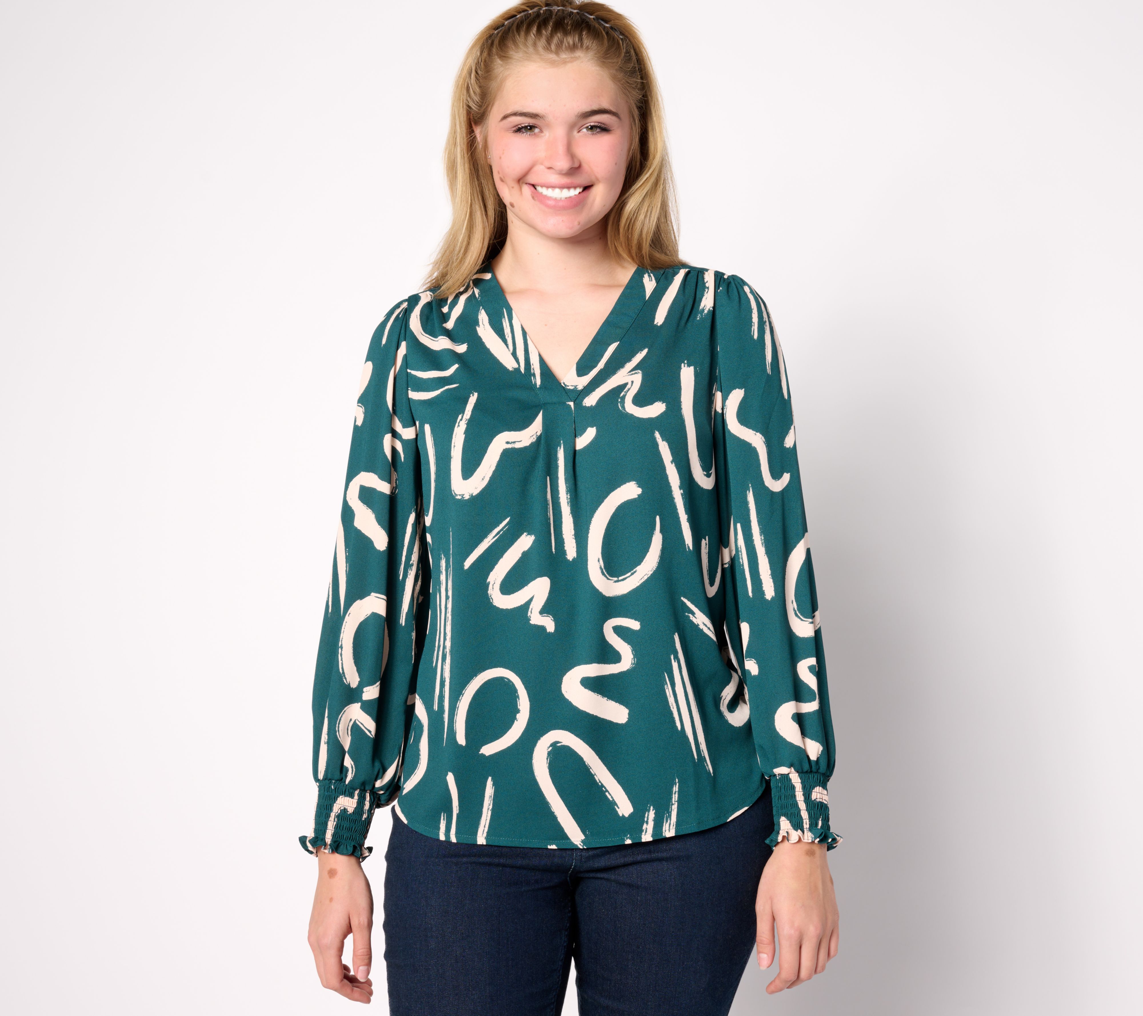 "As Is" Belle by Kim Gravel Font-tastic Blouse with Smocked Cuffs