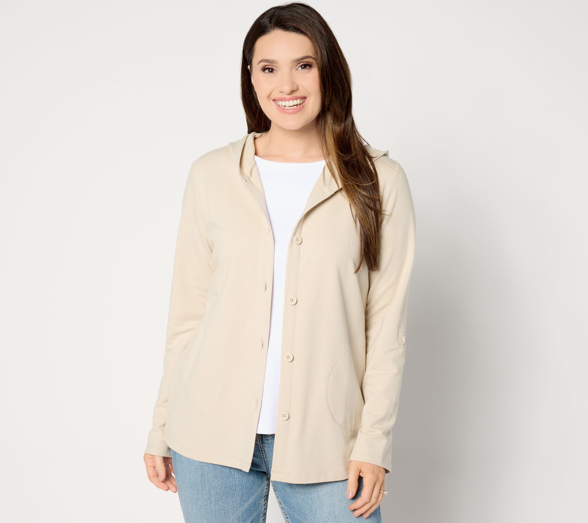 "As Is" Denim & Co. By the Beach French Terry Tab Slv Hooded Jacket