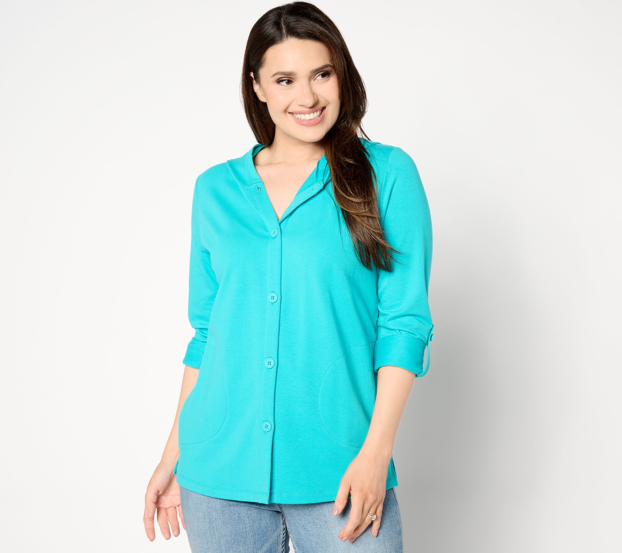 "As Is" Denim & Co. By the Beach French Terry Tab Slv Hooded Jacket