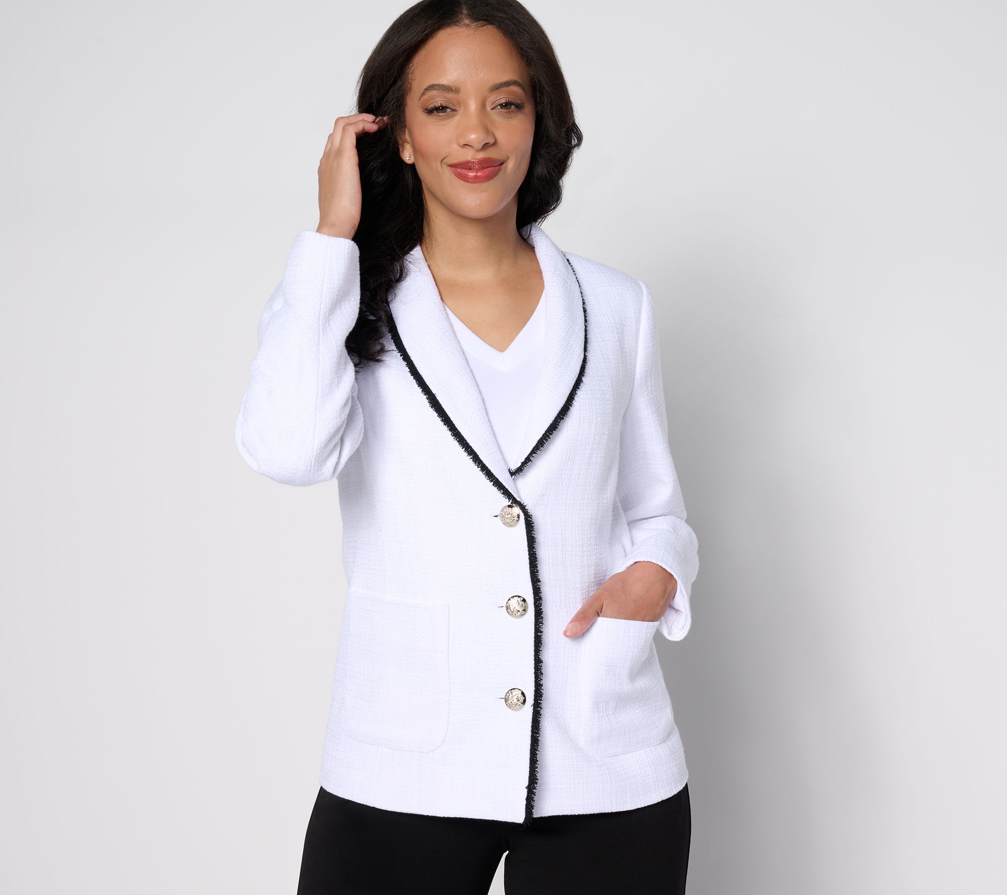 "As Is" GRAVER Susan Graver Tweed Shawl Collar Blazer with Fray Trim