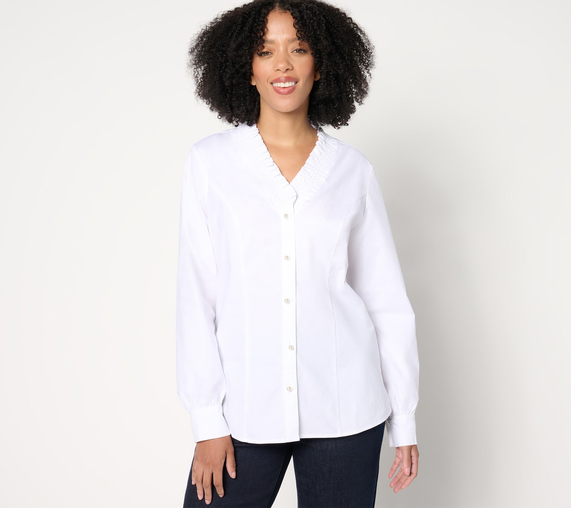"As Is" Denim & Co. Adaptive Signature Poplin Ruffle V-Neck Shirt