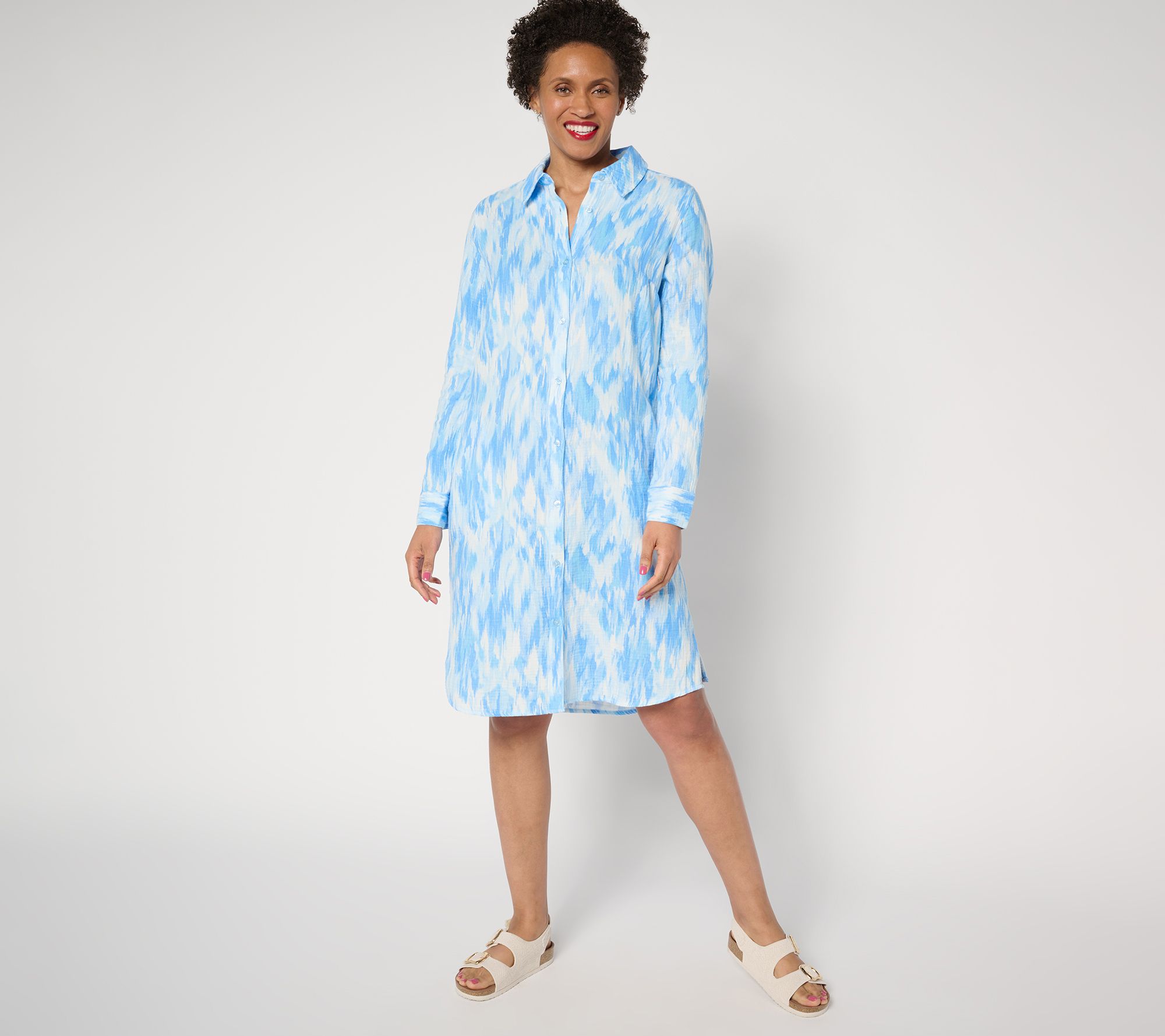 Denim & Co. Beach Petite Cotton Gauze Button Front Dress