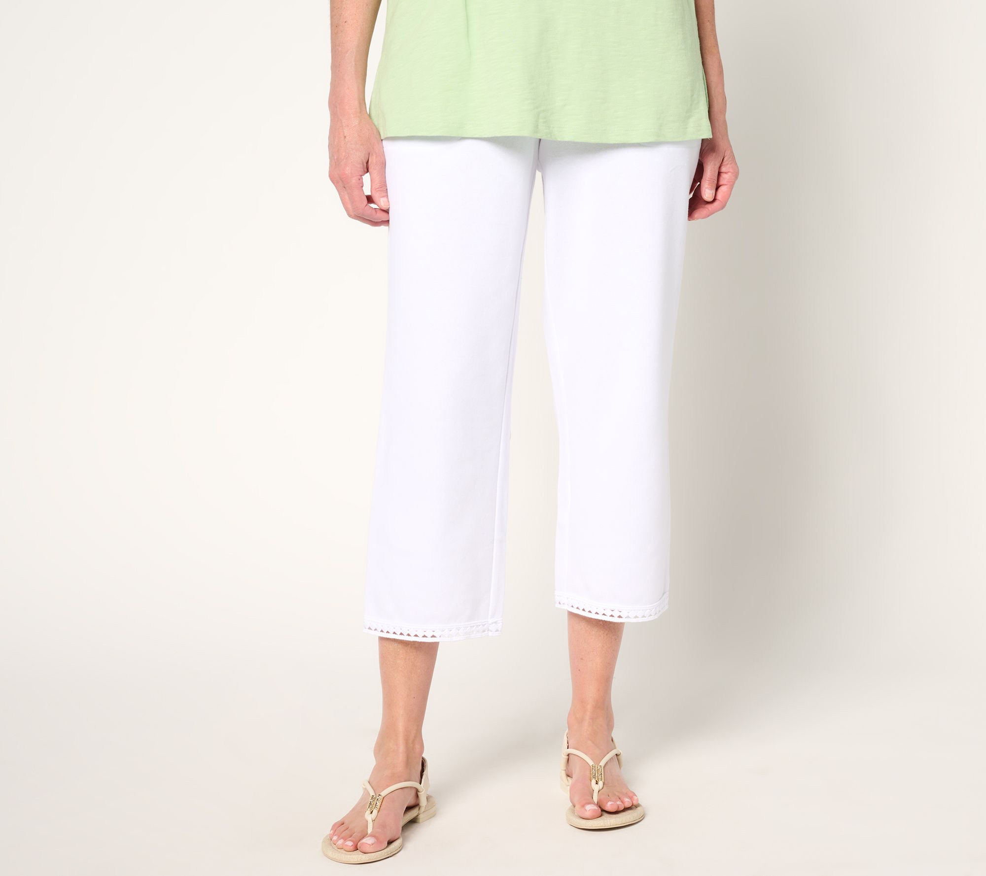 Denim & Co. Beach Petite Straight Leg Crop Pant with Lace Trim